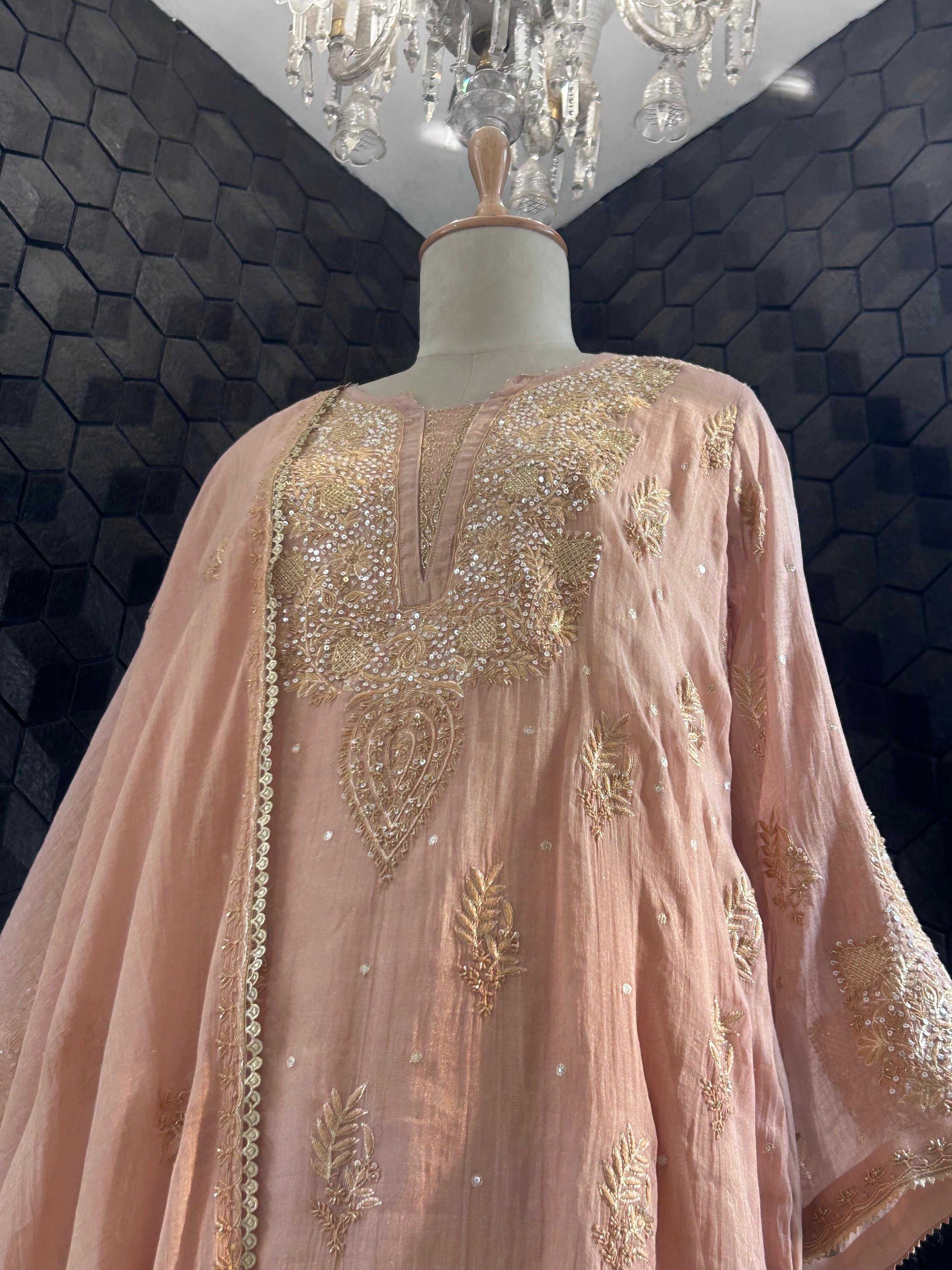 Peach tissue chikankari kurta set