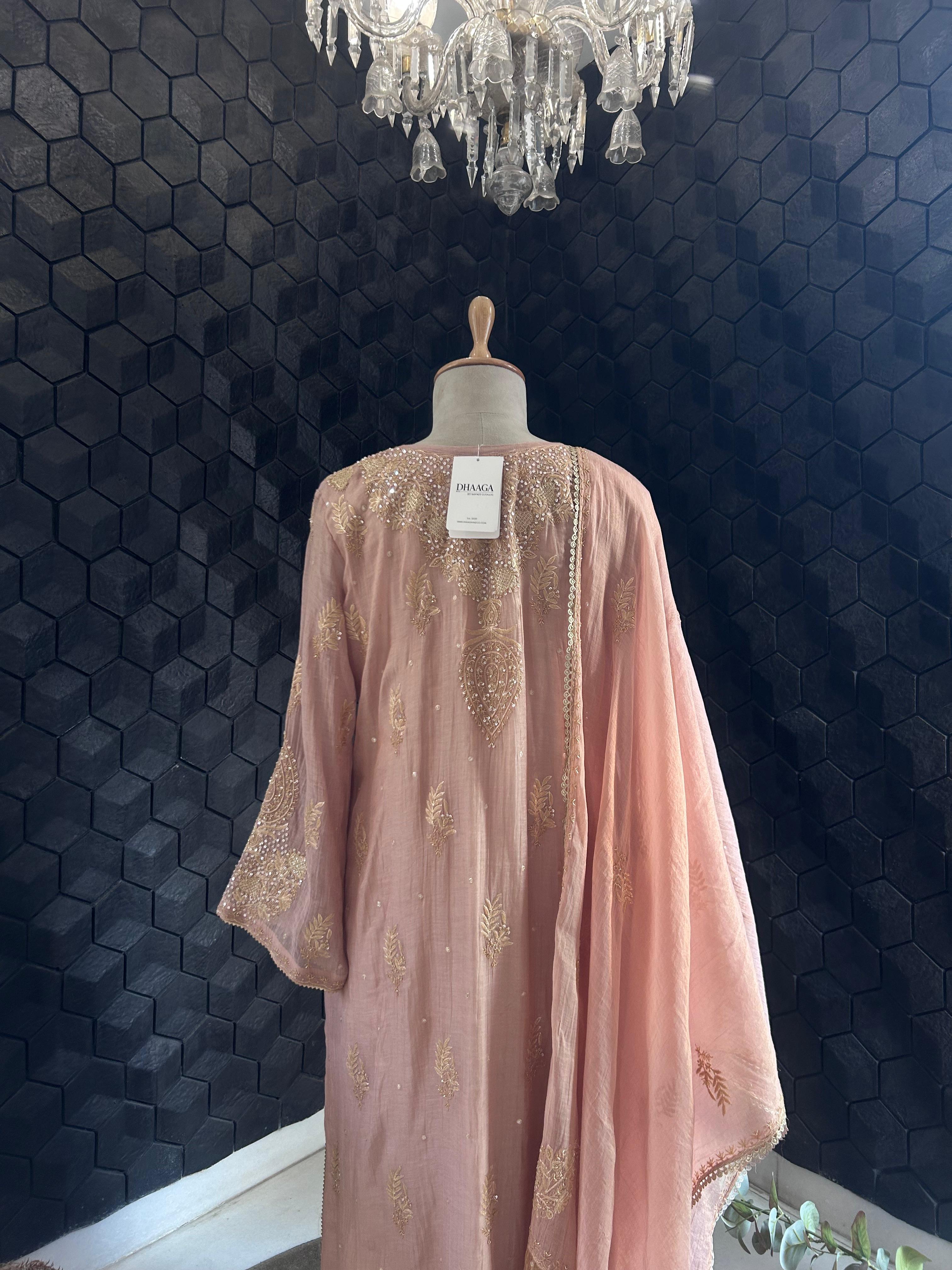 Peach tissue chikankari kurta set