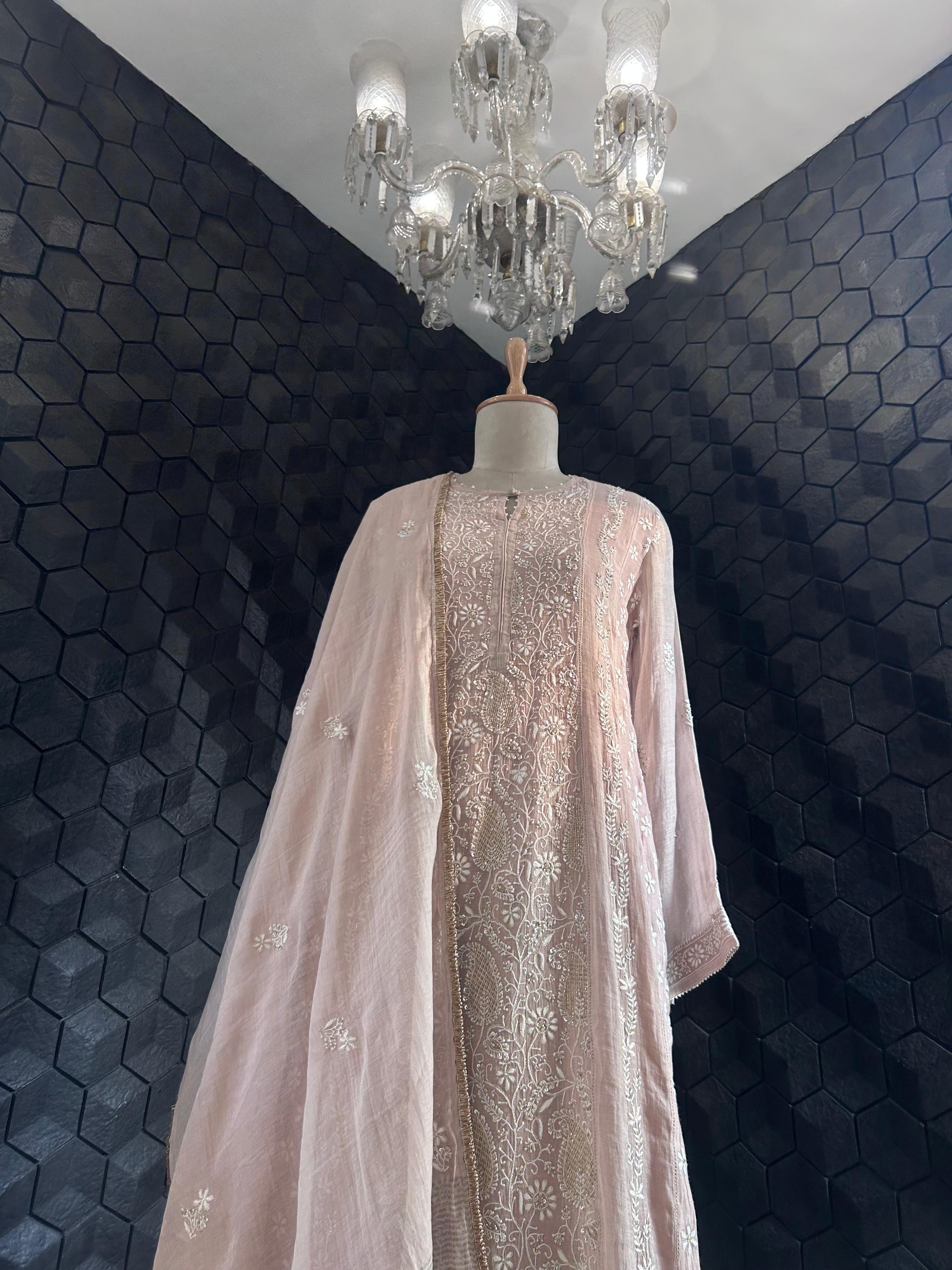 Pink Tissue Chikankari Suit Set