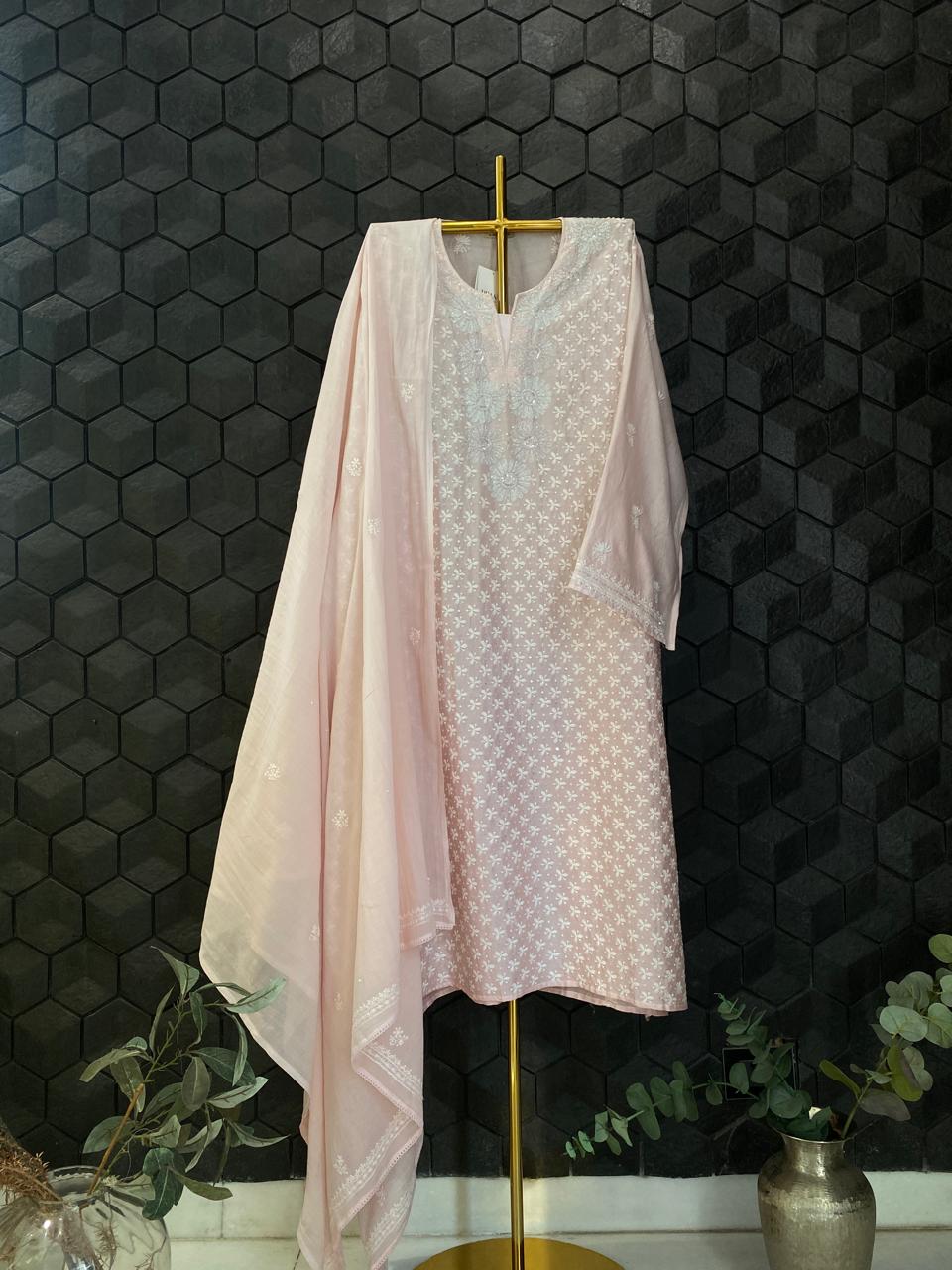 Pink Chanderi Chikankari Kurta Set