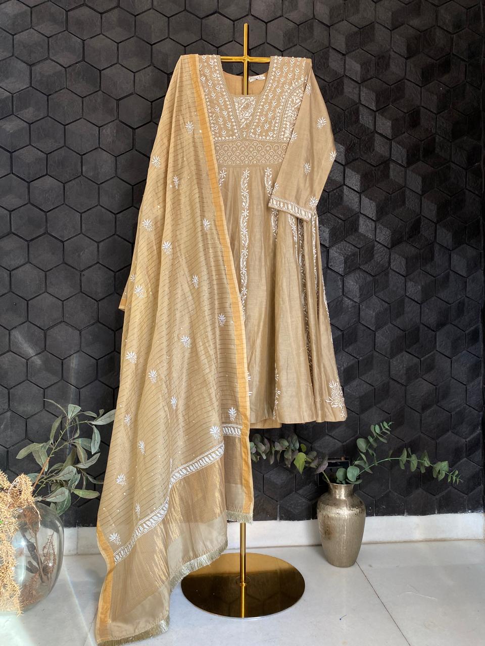 Brown Striped Tissue Chikankari Kurta Set