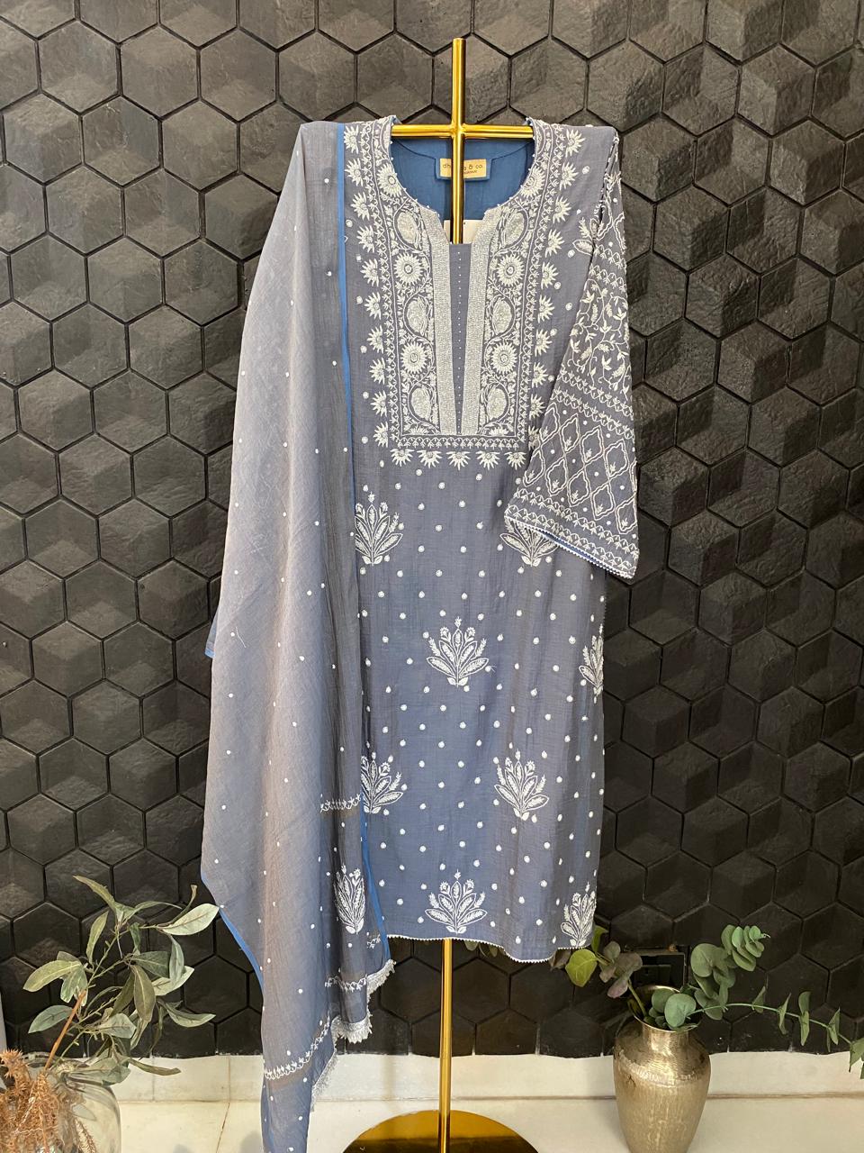 Blue Tissue Chikankari Suit Set