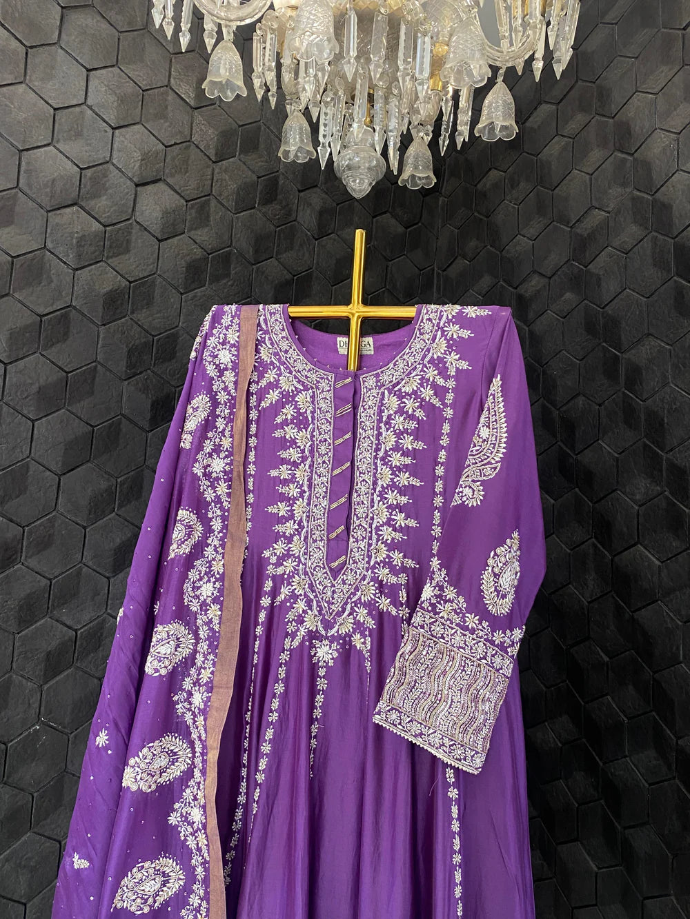 Purple Chanderi Chikankari Anarkali Set