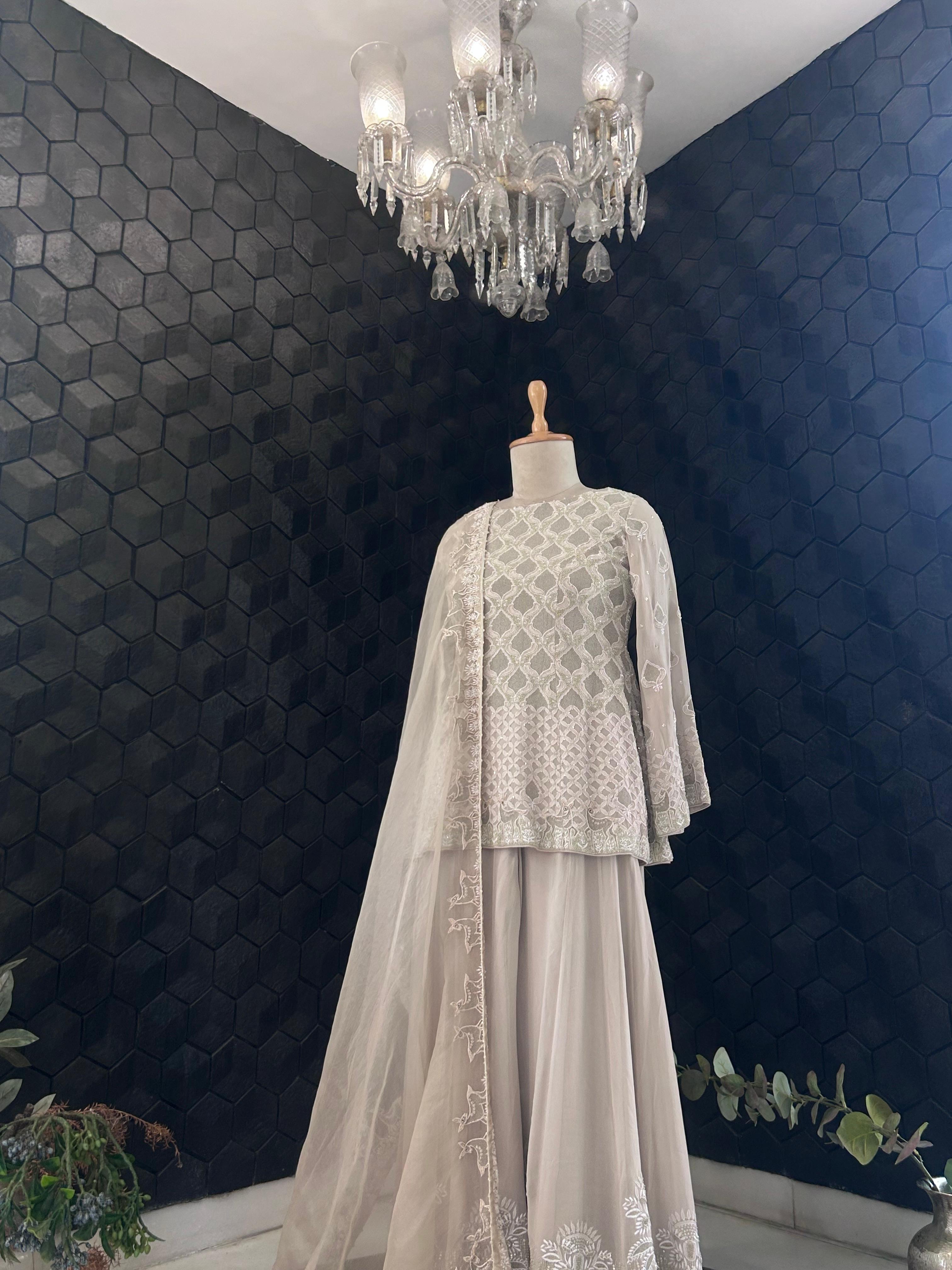 Sage Green Georgette Chikankari Sharara Set