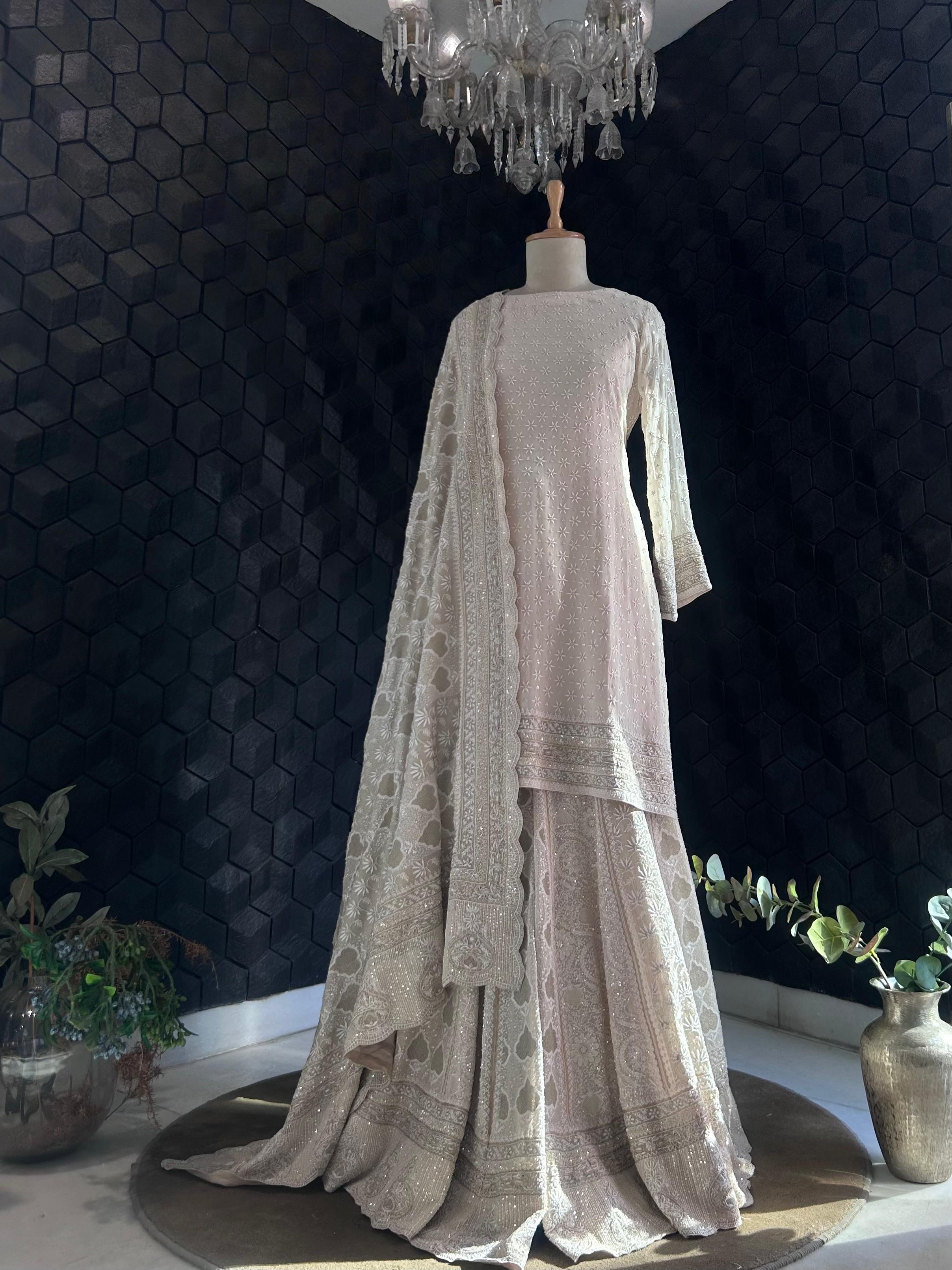 Ivory Georgette Ek-Taar Chikankari Sharara Set