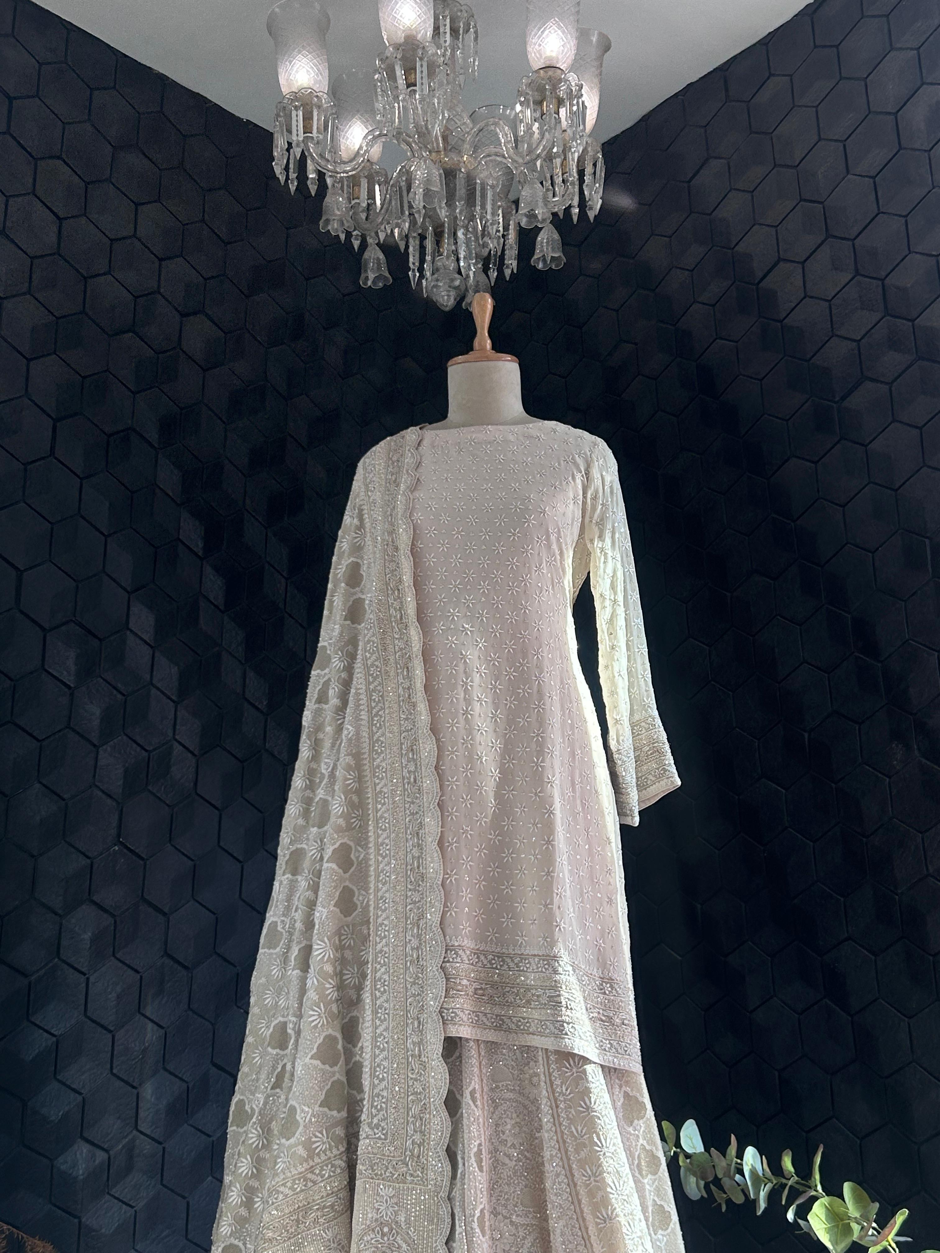 Ivory Georgette Ek-Taar Chikankari Sharara Set