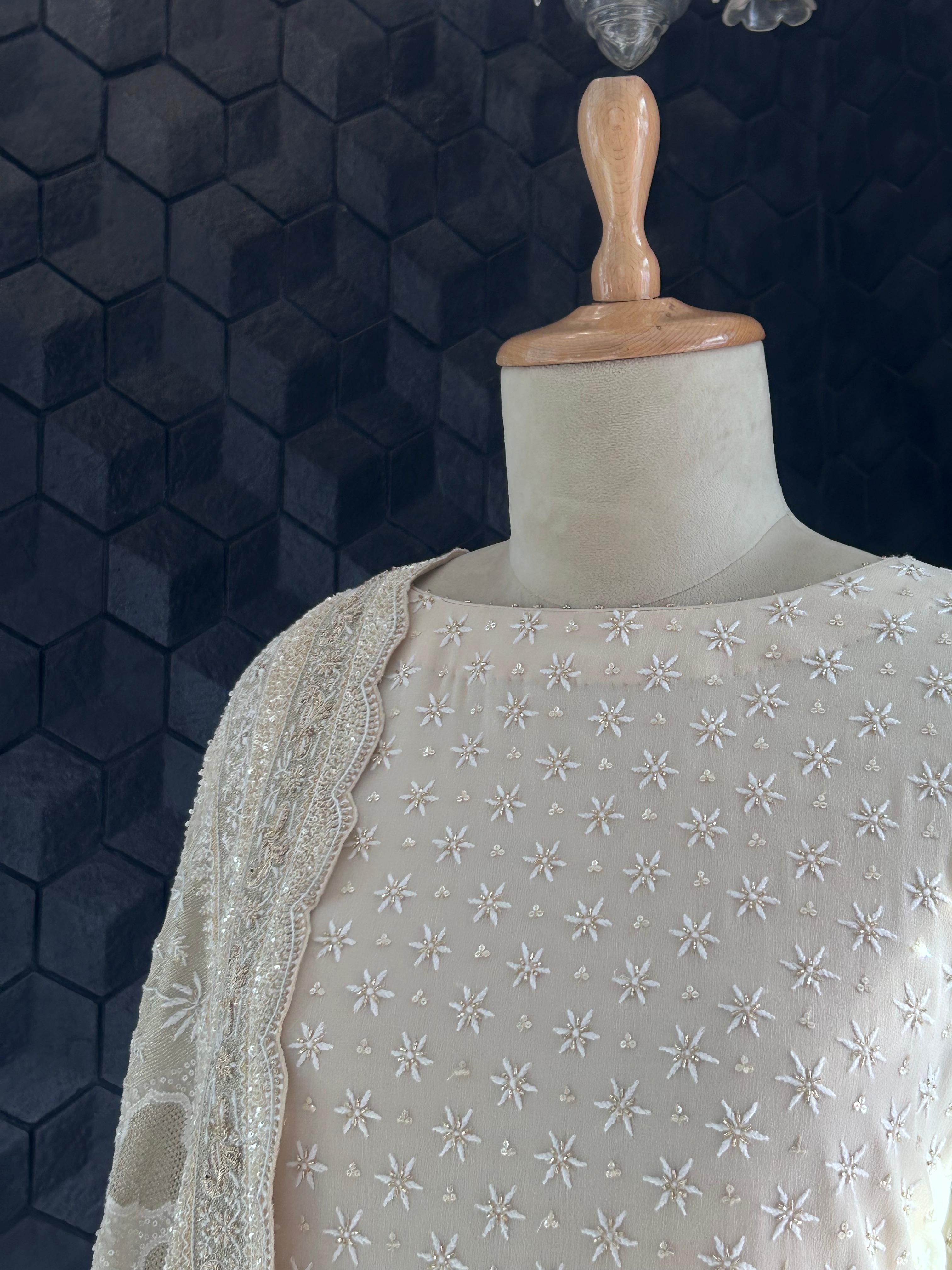 Ivory Georgette Ek-Taar Chikankari Sharara Set