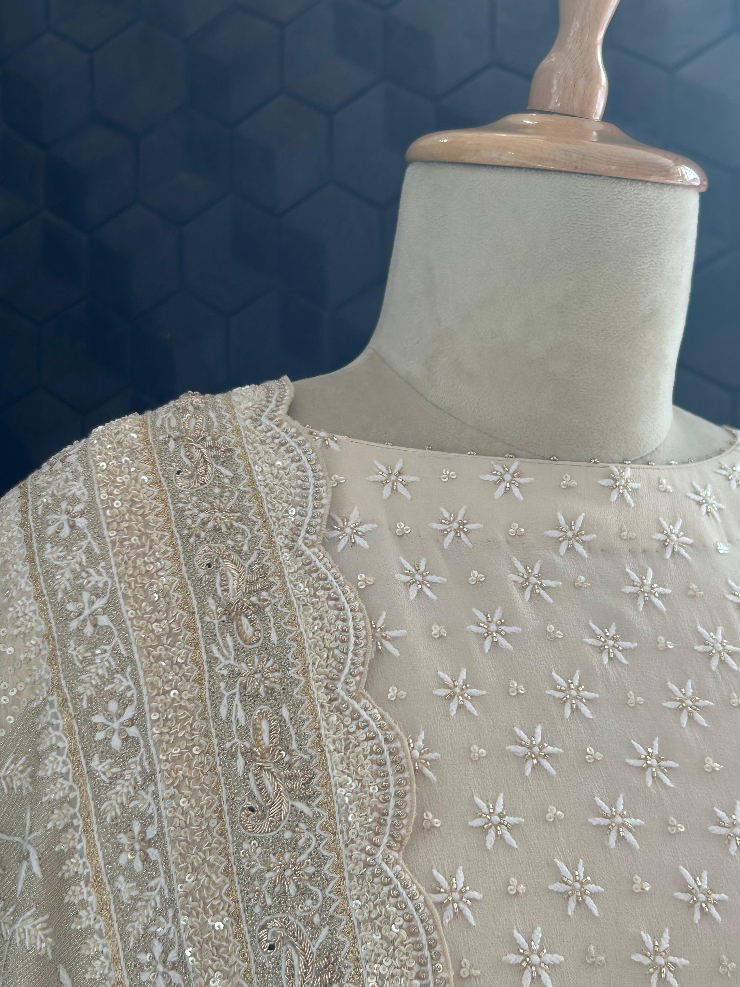 Ivory Georgette Ek-Taar Chikankari Sharara Set