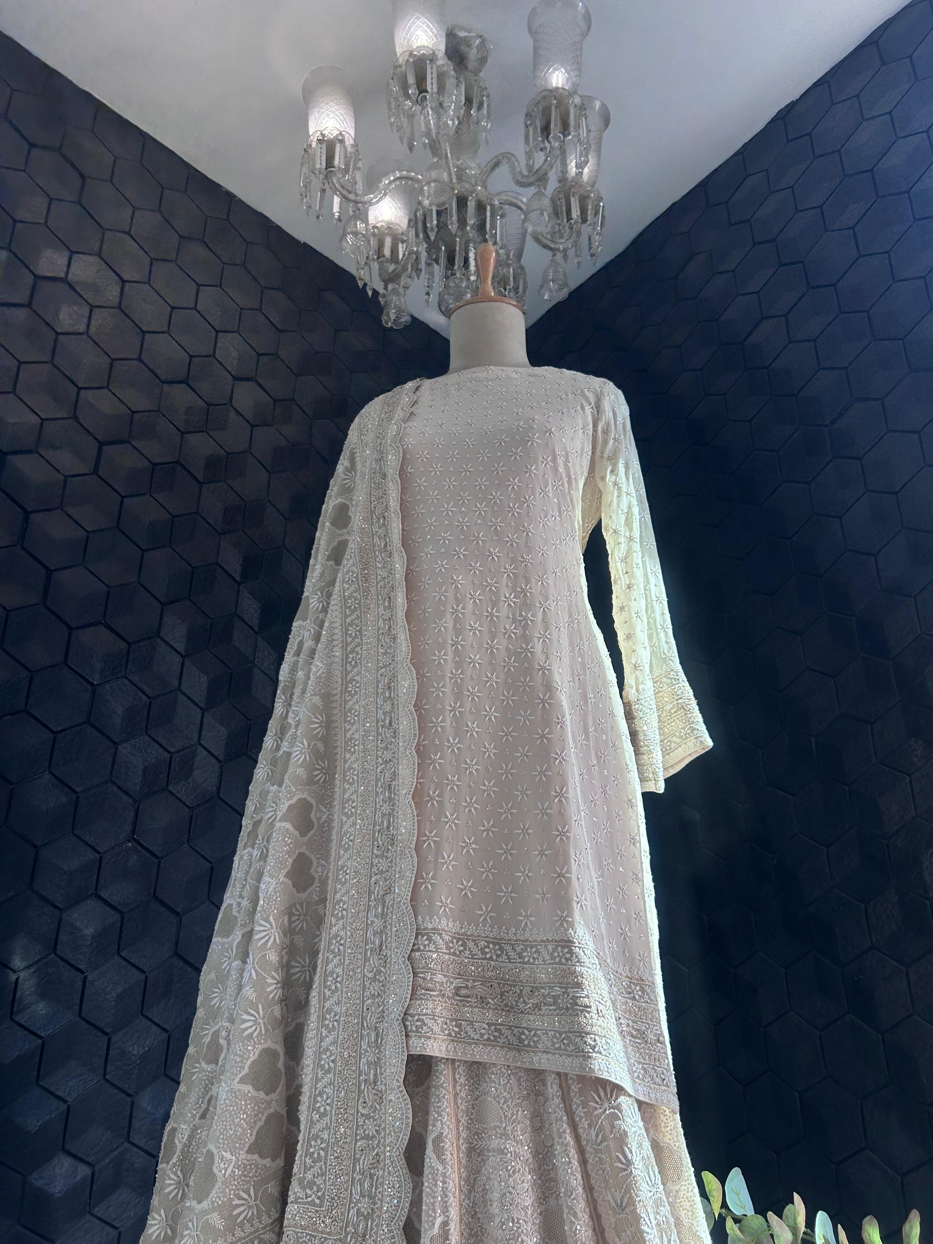 Ivory Georgette Ek-Taar Chikankari Sharara Set