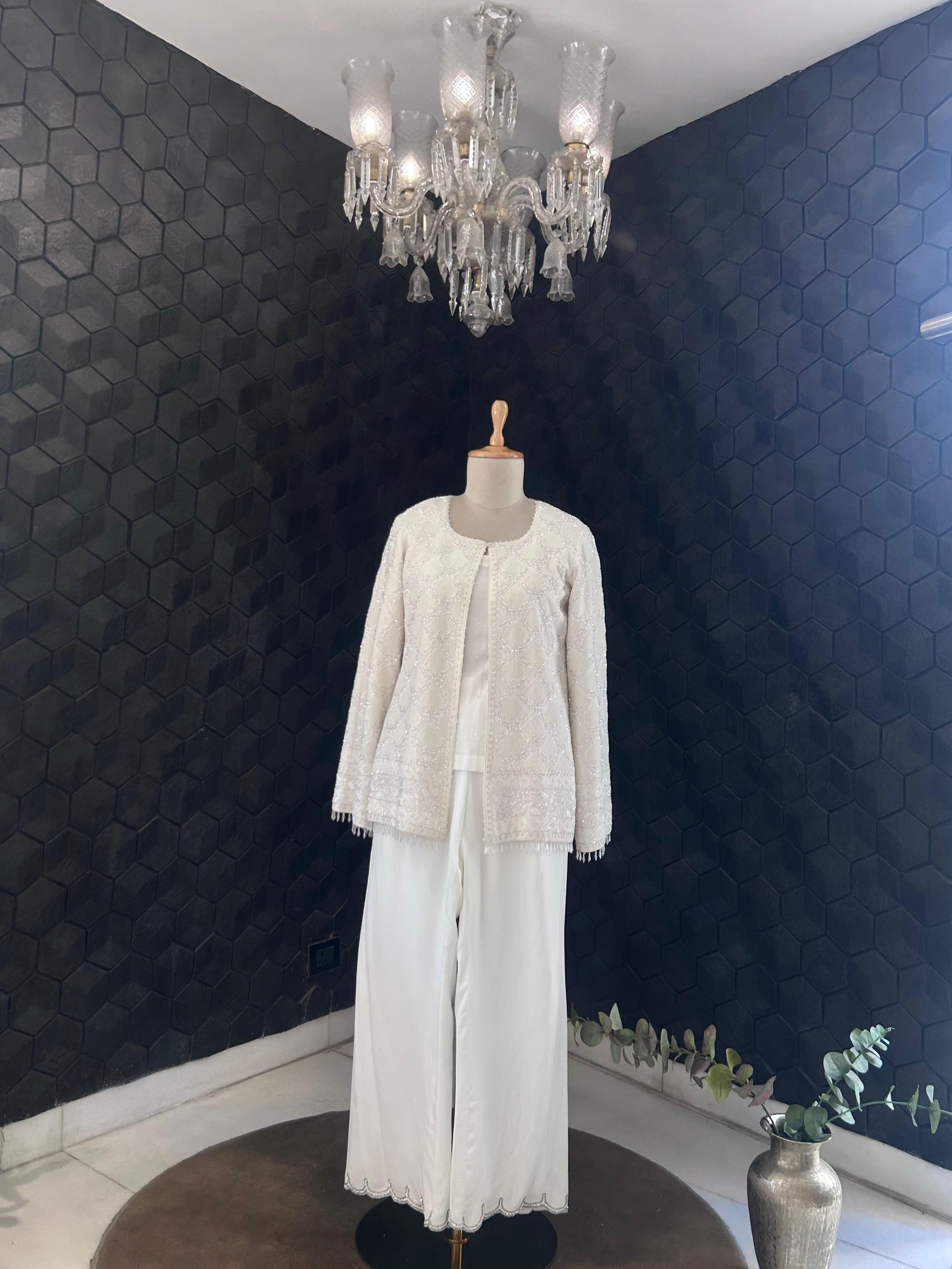 White georgette chikankari gilet-set