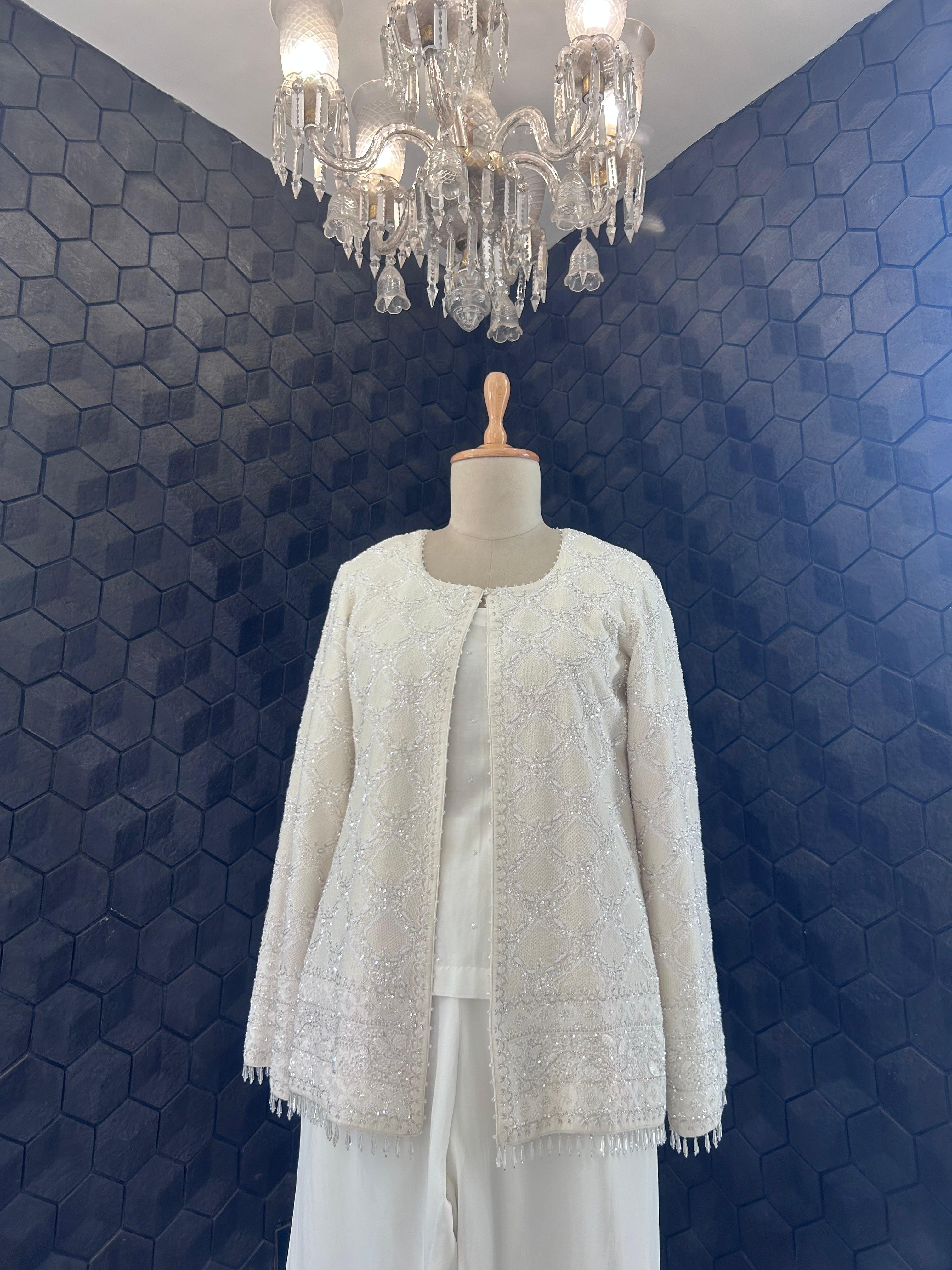 White georgette chikankari gilet-set