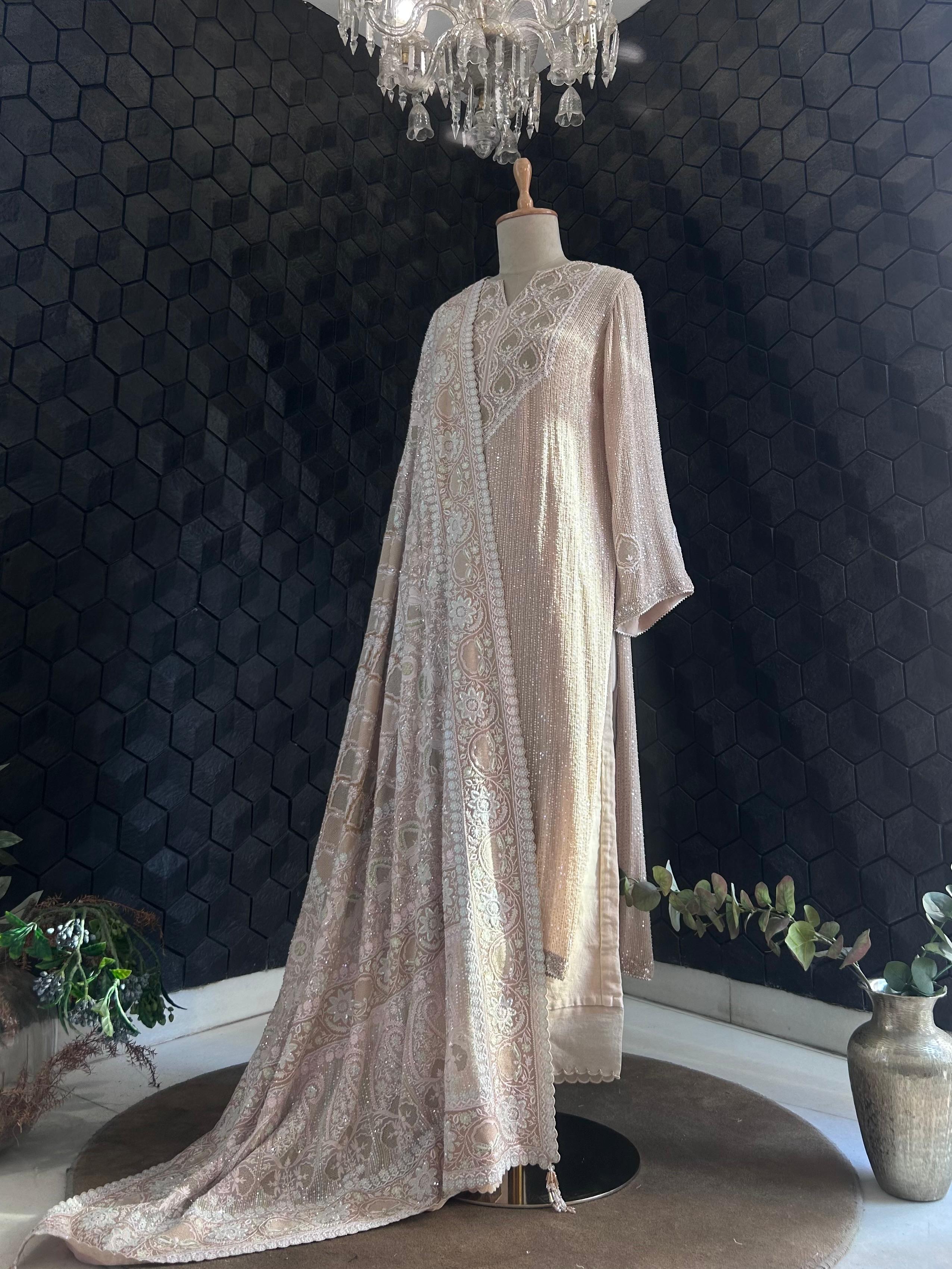Peach Georgette Chikankari Kurta with Statement Heavy Dupatta Set