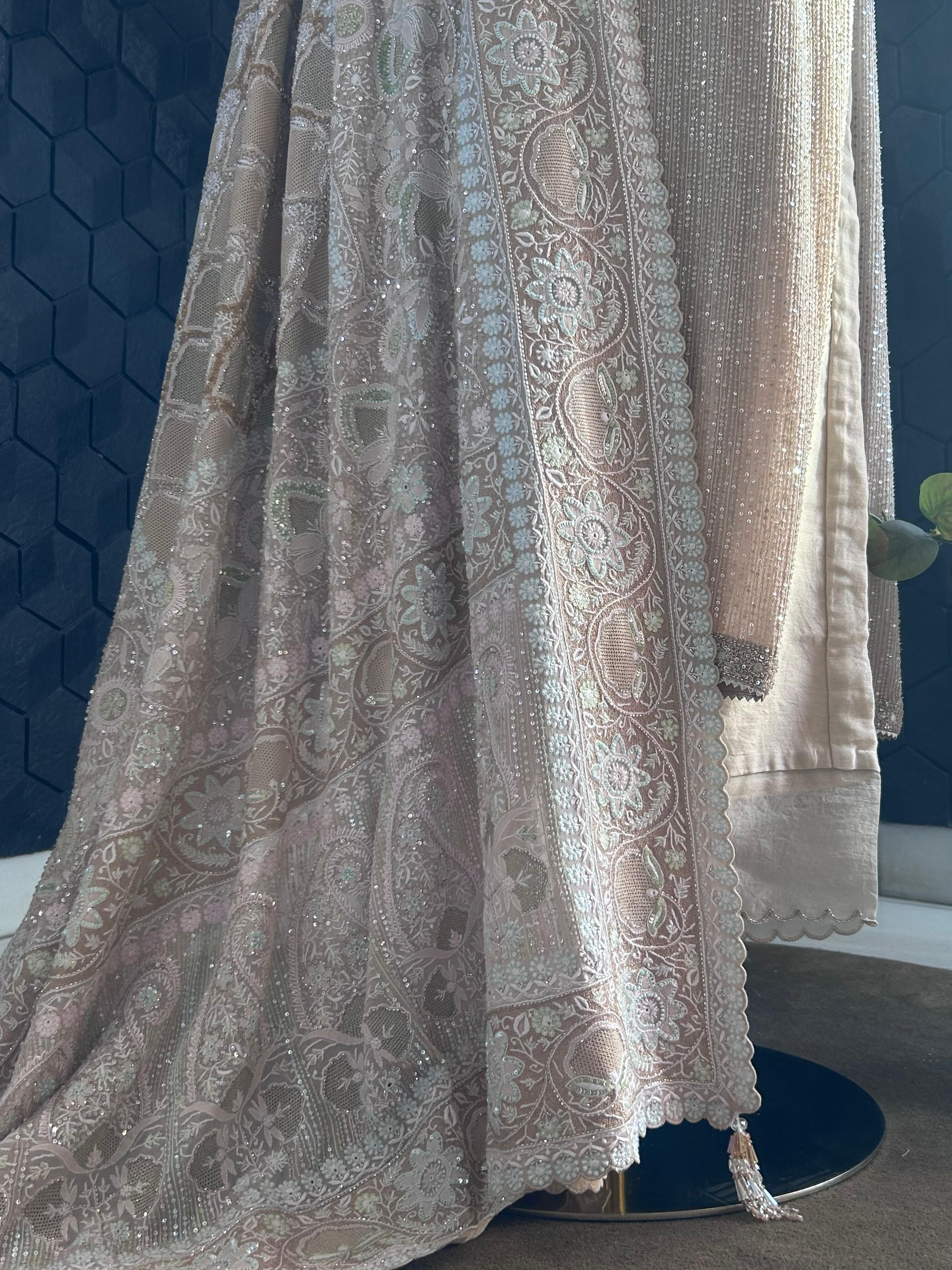 Peach Georgette Chikankari Kurta with Statement Heavy Dupatta Set