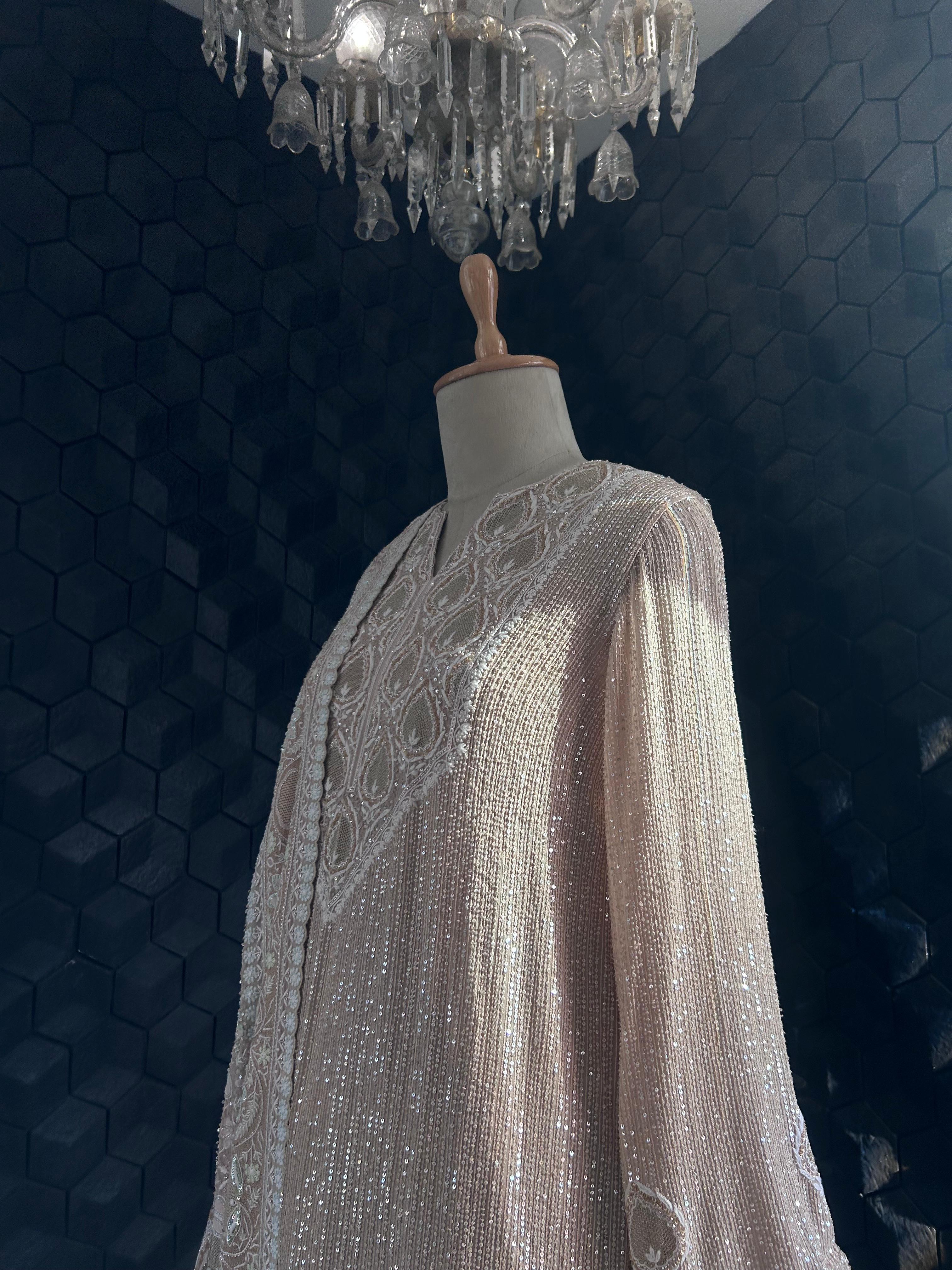 Peach Georgette Chikankari Kurta with Statement Heavy Dupatta Set