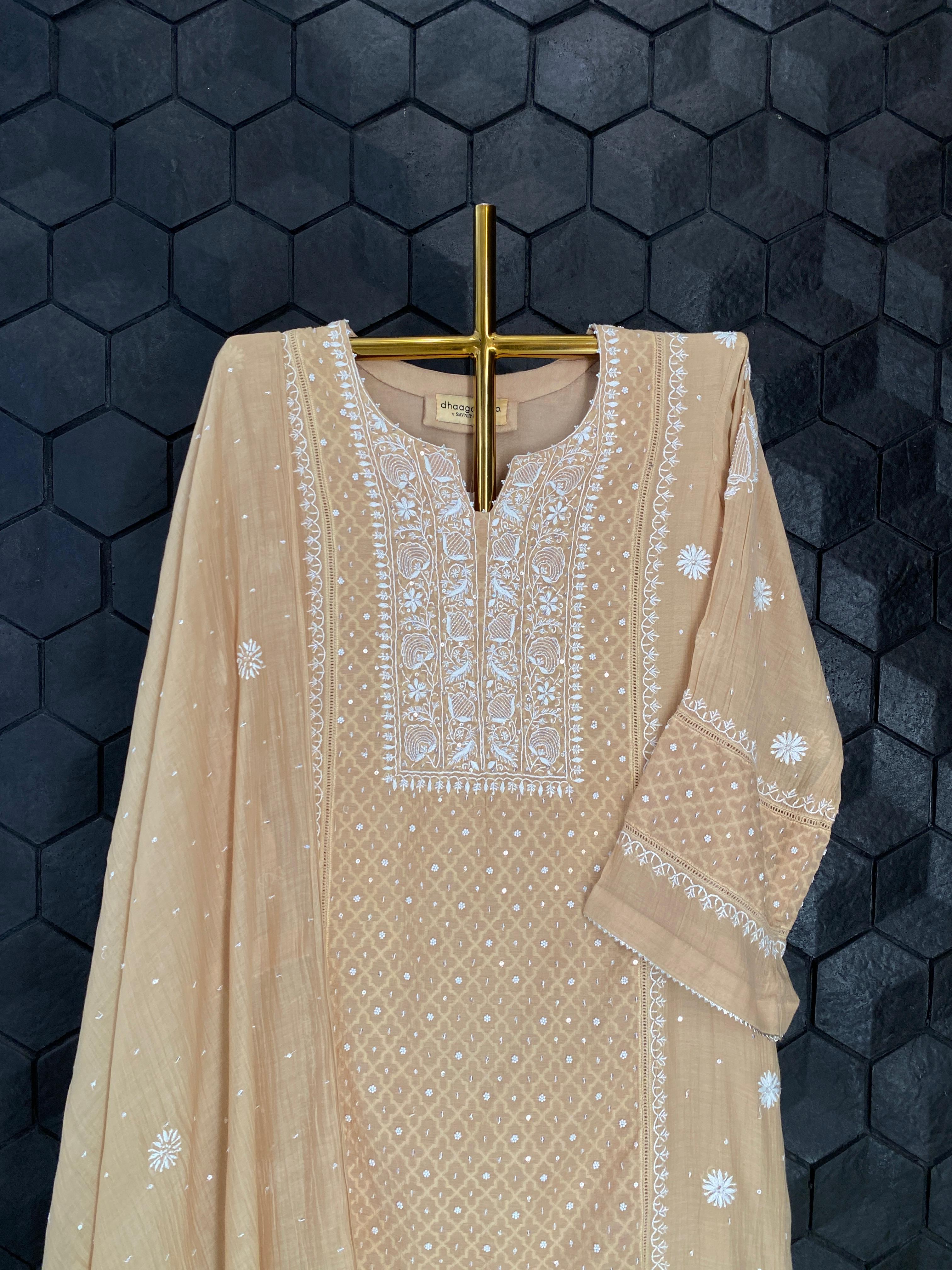 Peach mul chanderi chikankari kurts set