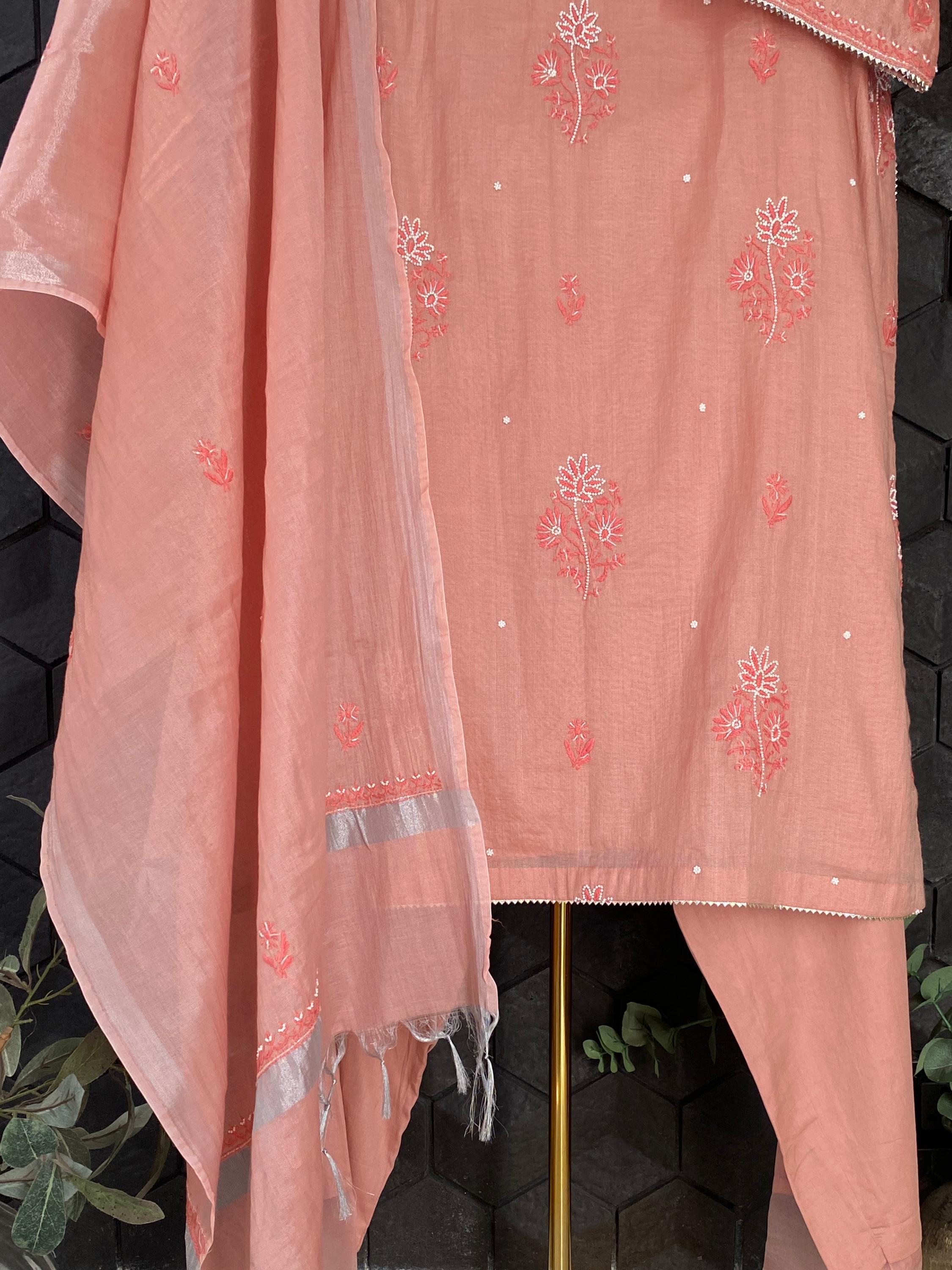 Peach silver tissue chikankari kurta set