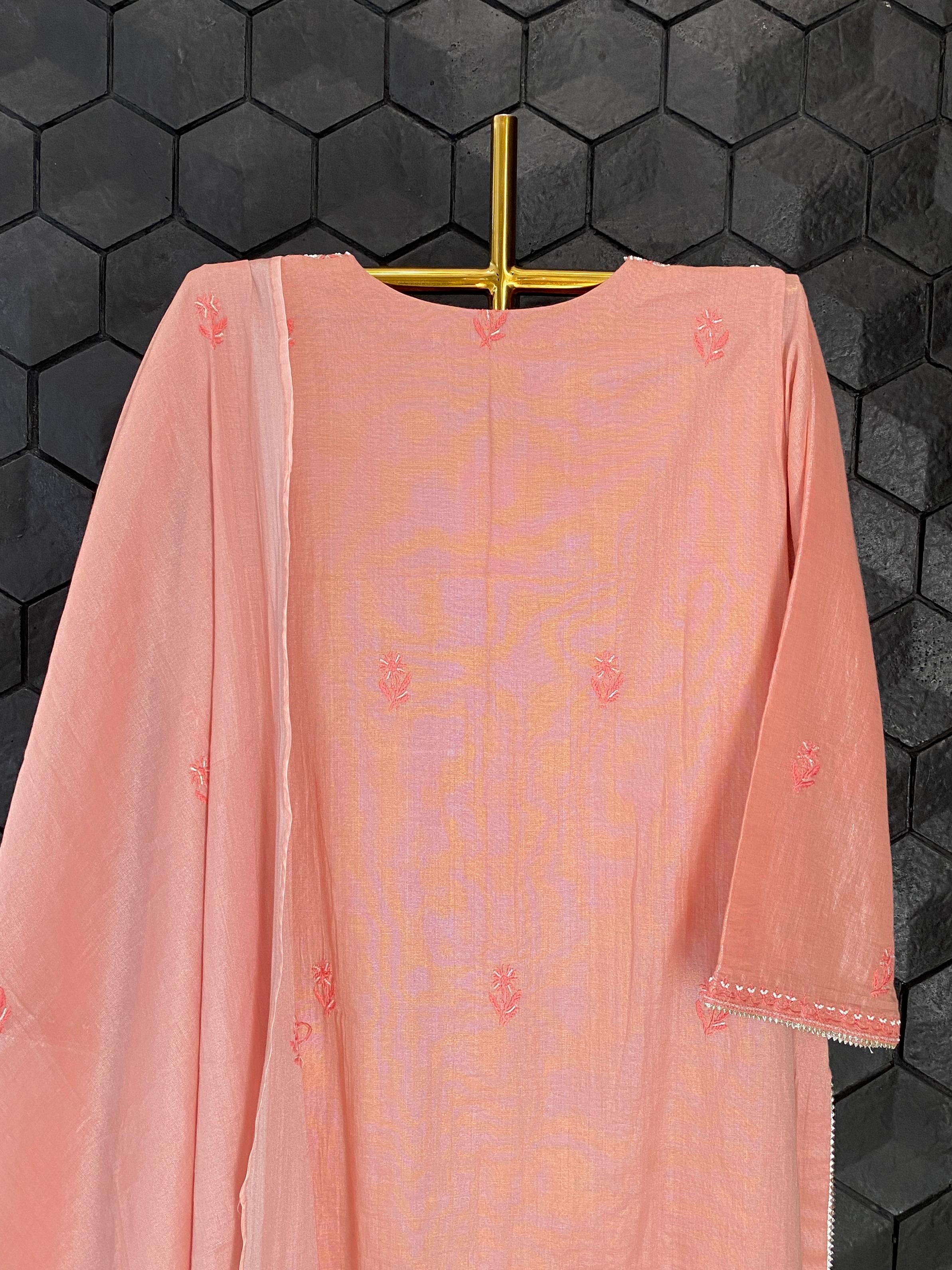 Peach silver tissue chikankari kurta set