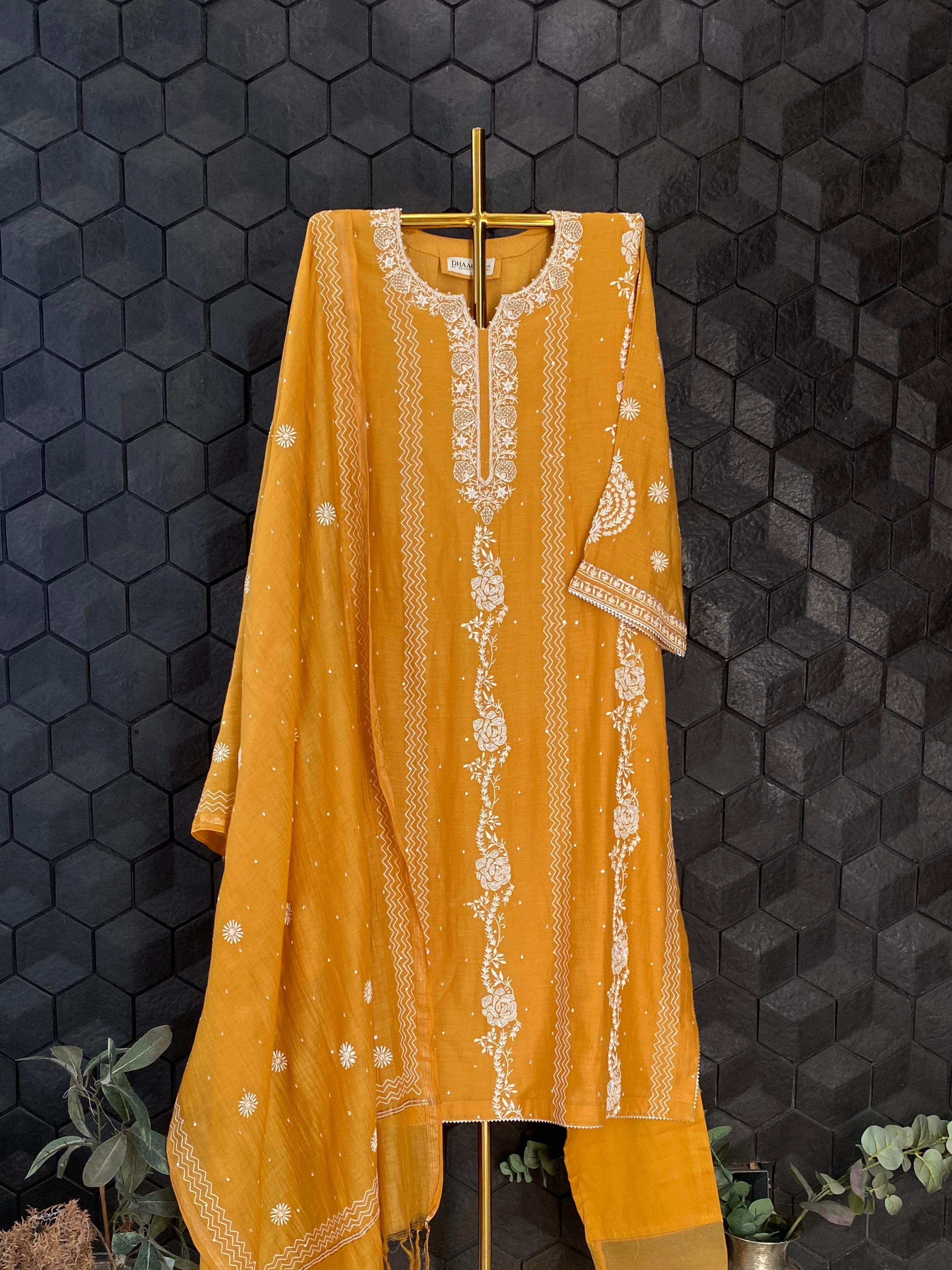 Mustard mul chanderi chikankari kurta set