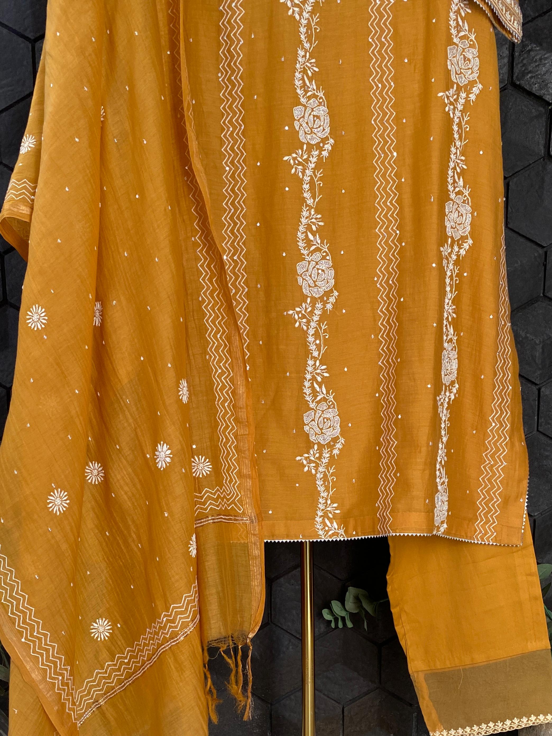 Mustard mul chanderi chikankari kurta set