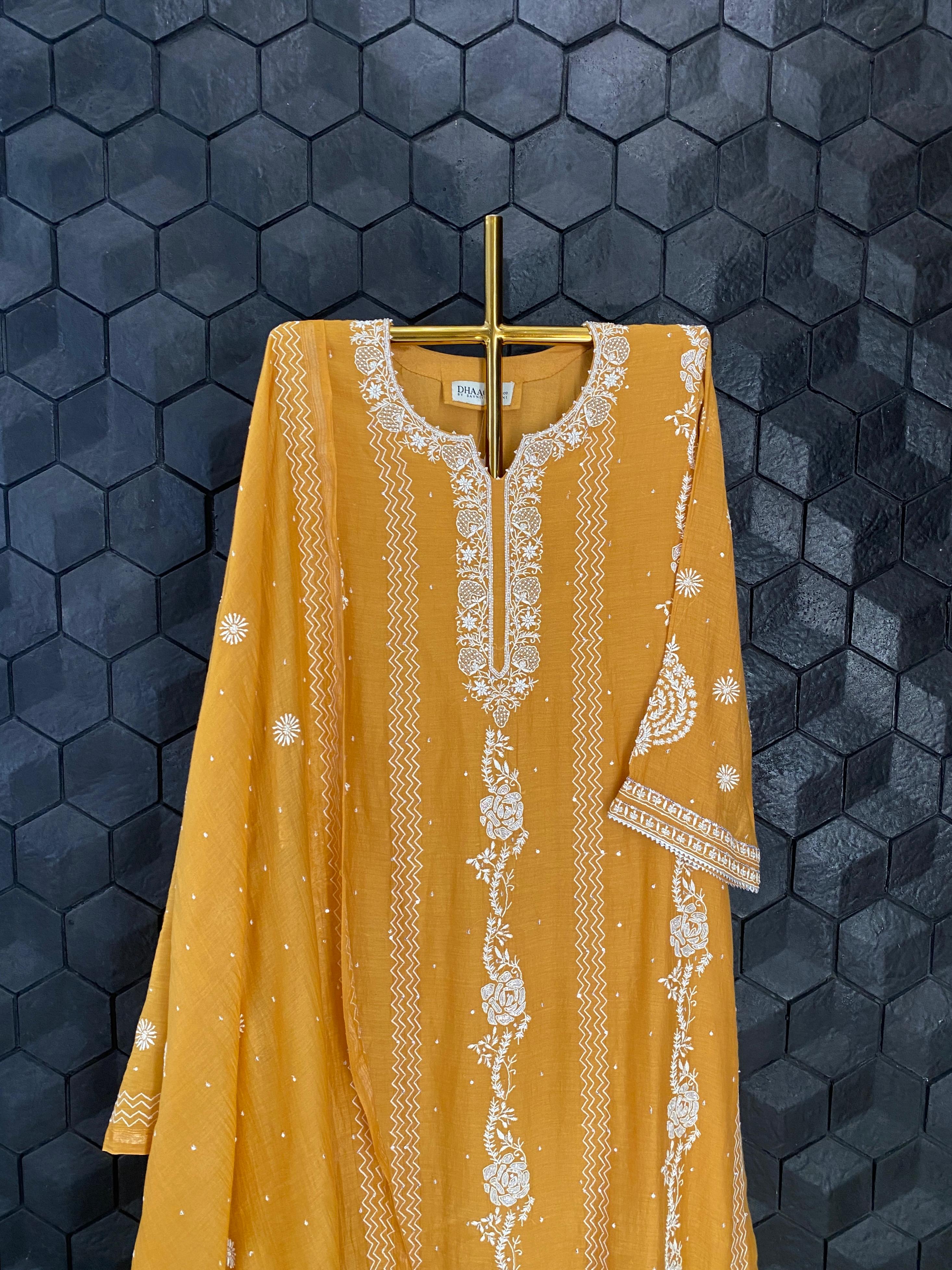 Mustard mul chanderi chikankari kurta set