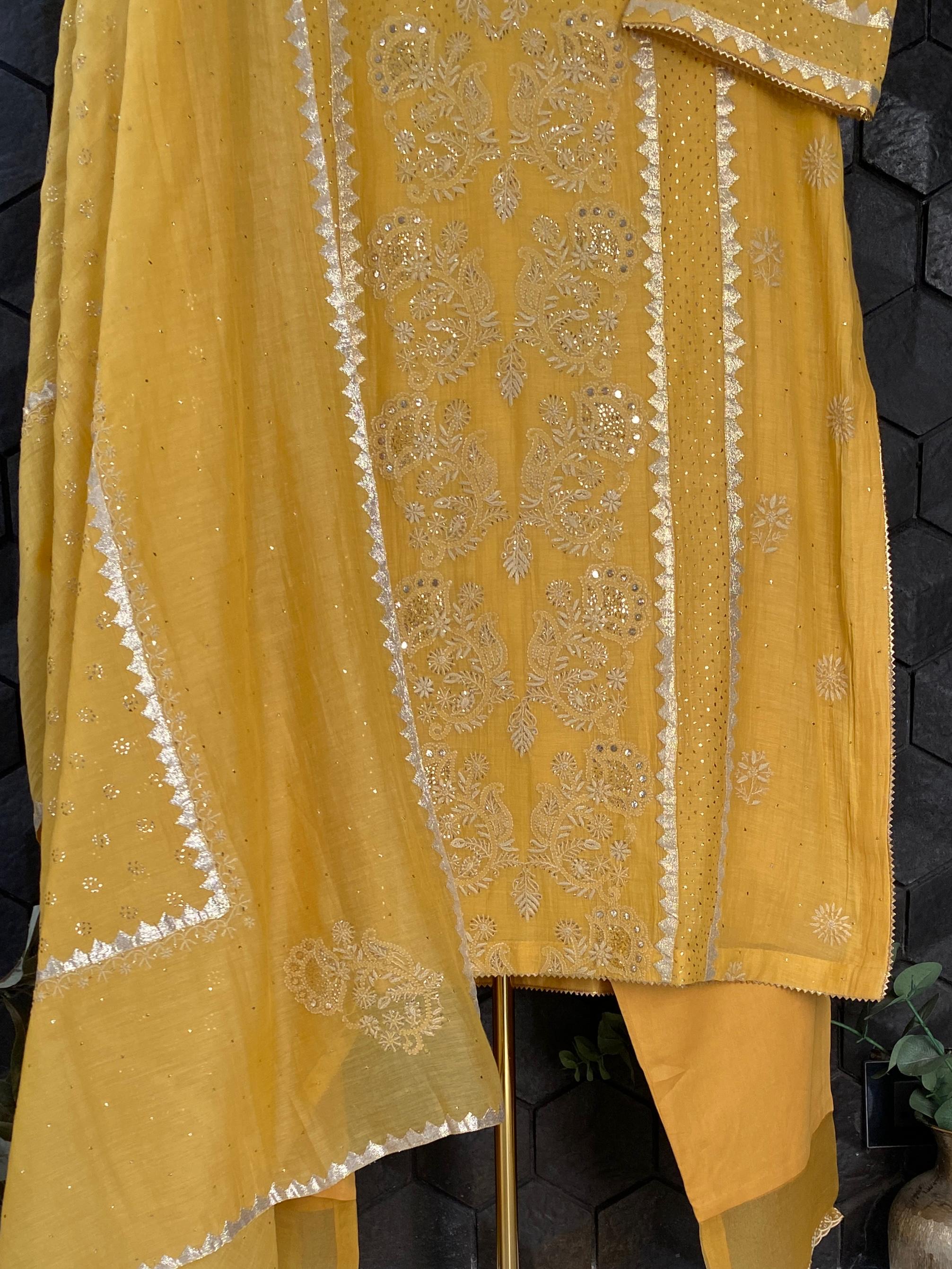 Mustard mul chanderi chikankari kurta set