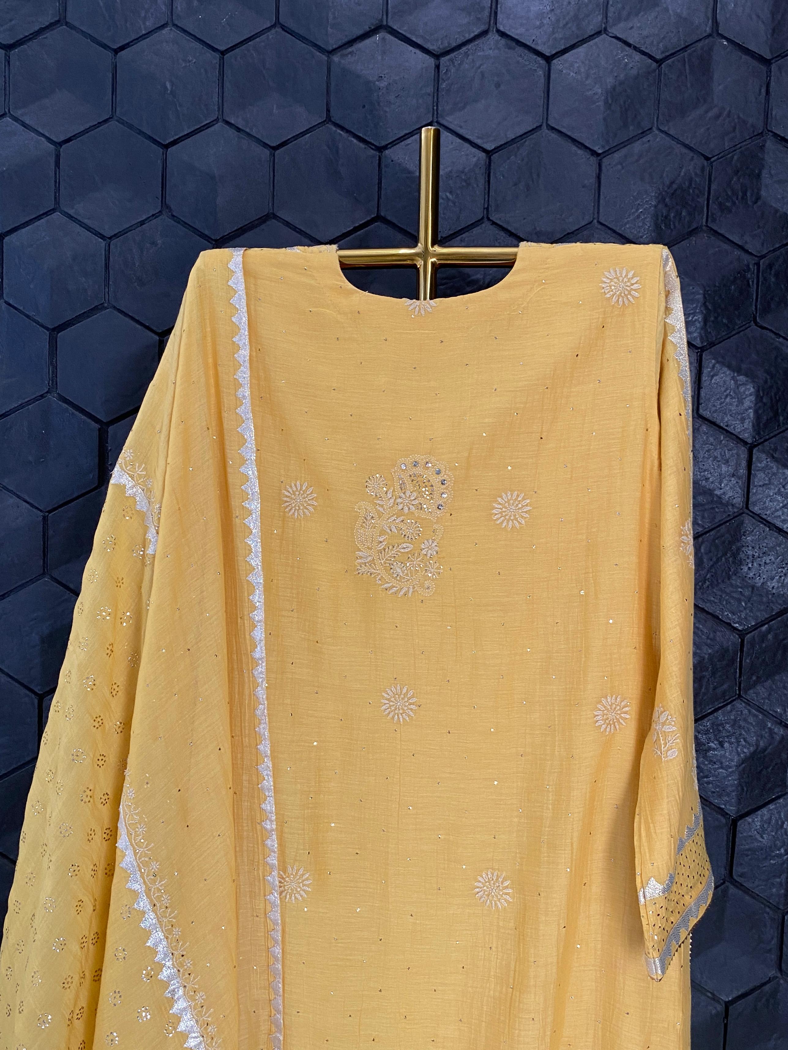 Mustard mul chanderi chikankari kurta set