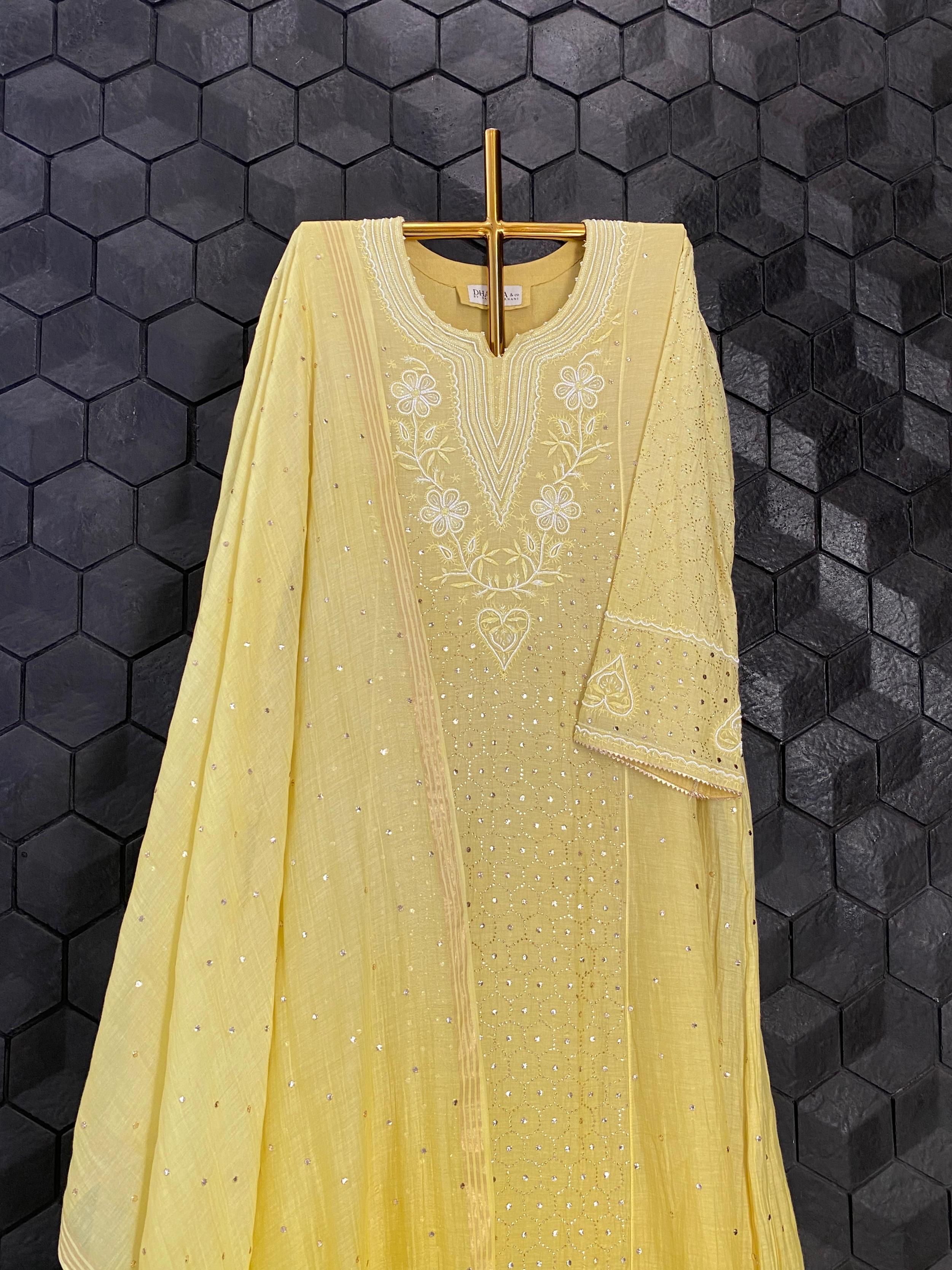 Lime green mul chanderi chikankari kurta set