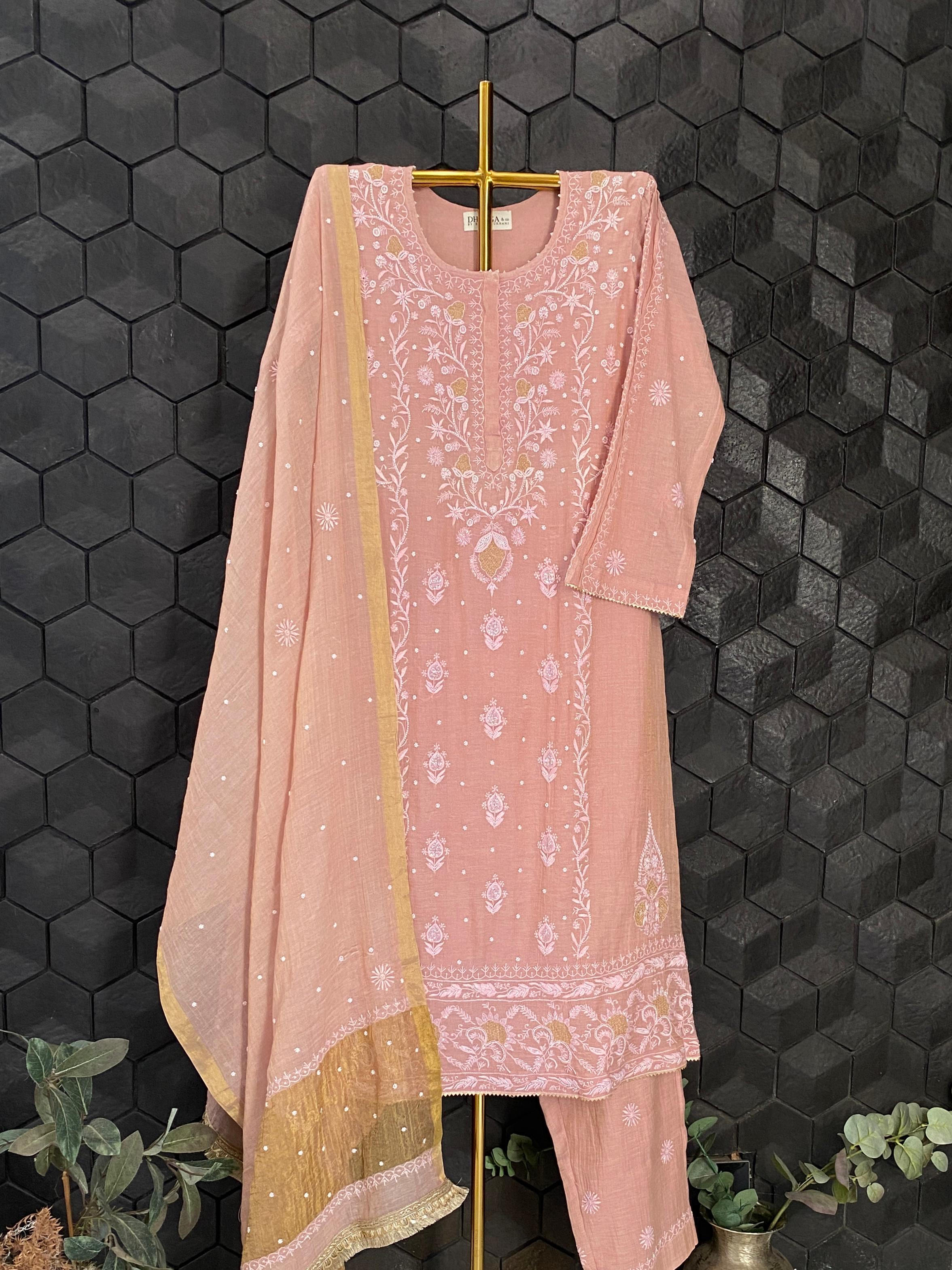 Pink golden tissue chikankari kurta set