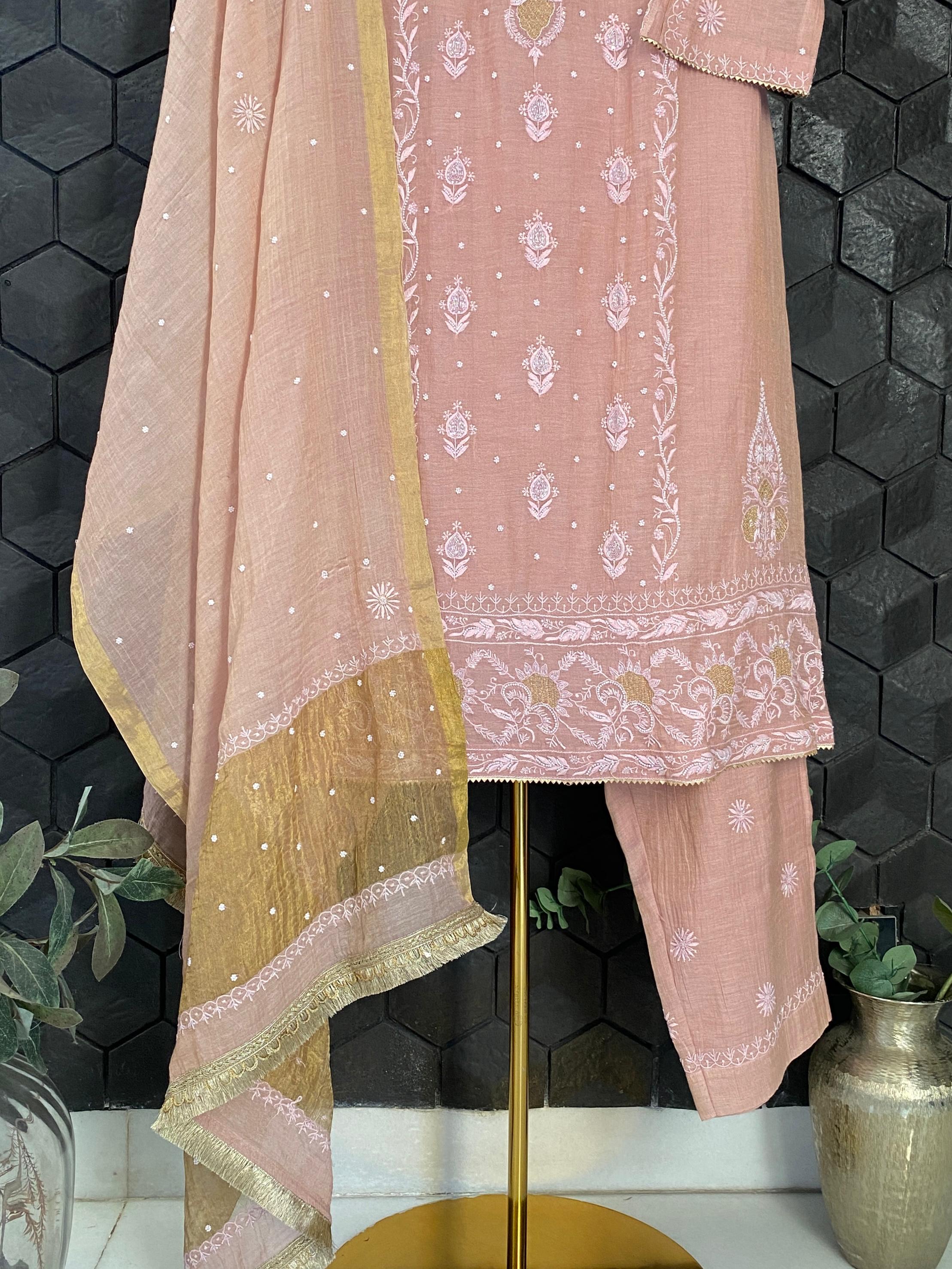 Pink golden tissue chikankari kurta set