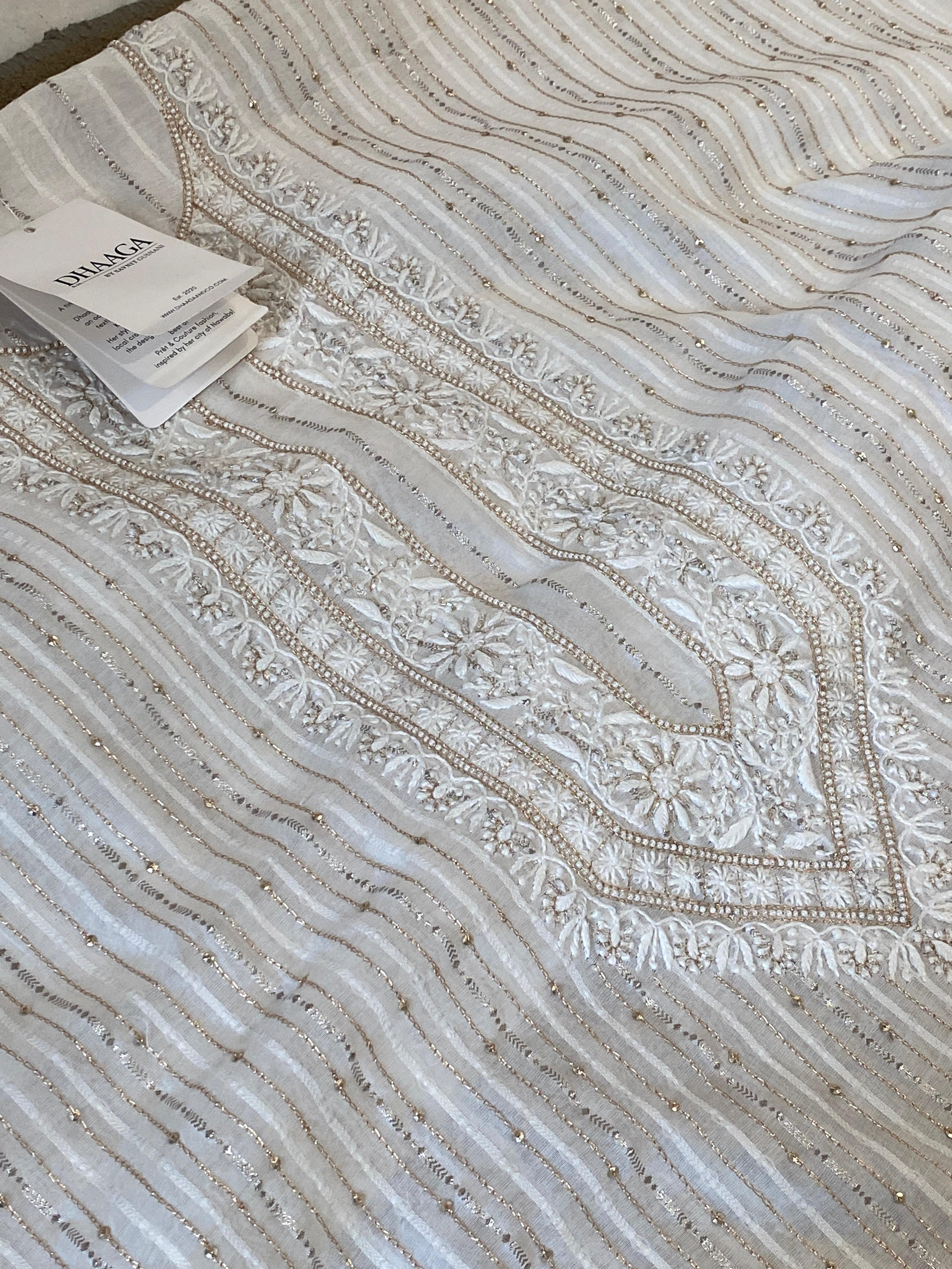 White mul chanderi chikankari men kurta