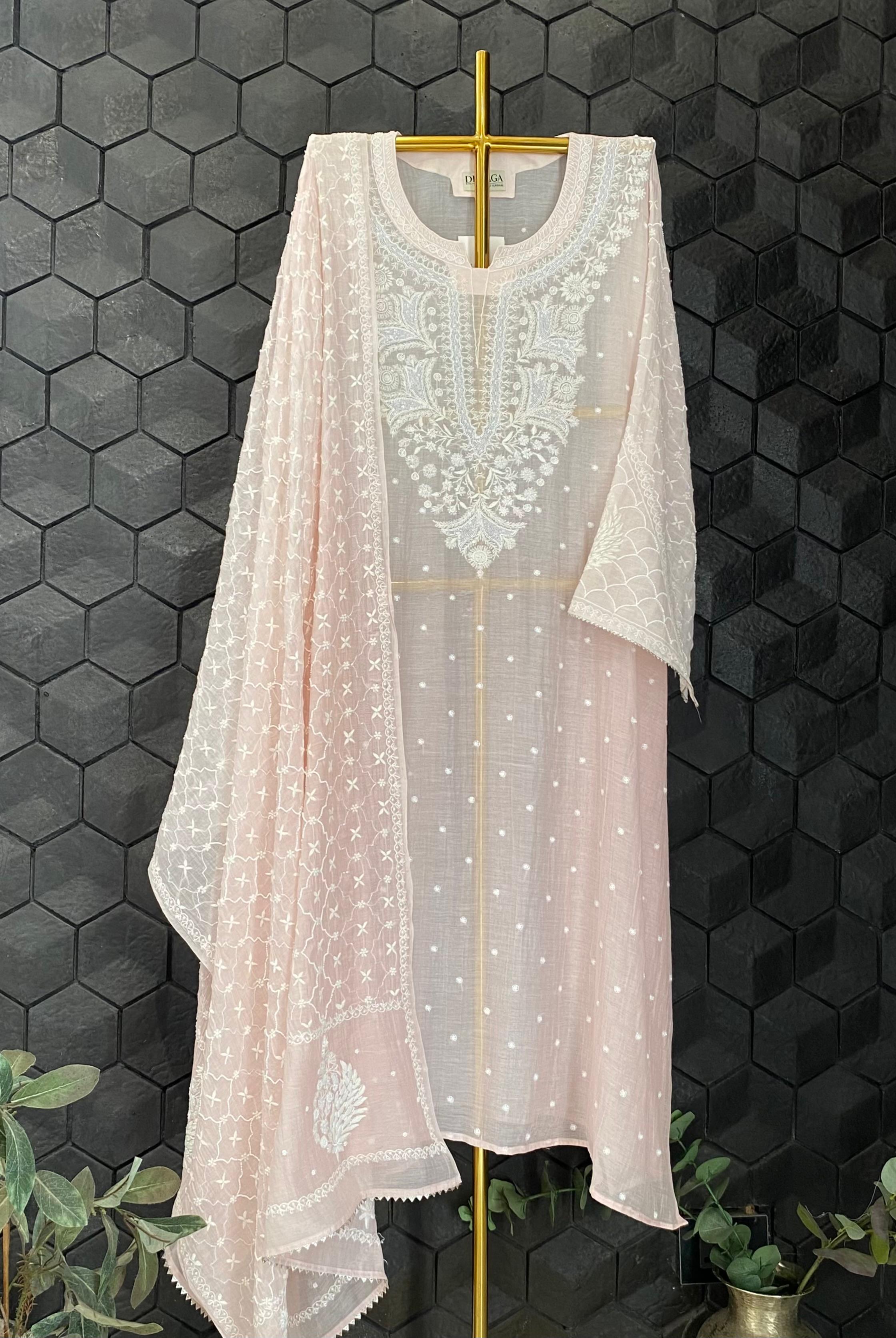 Pink Mul chanderi chikankari kurta set