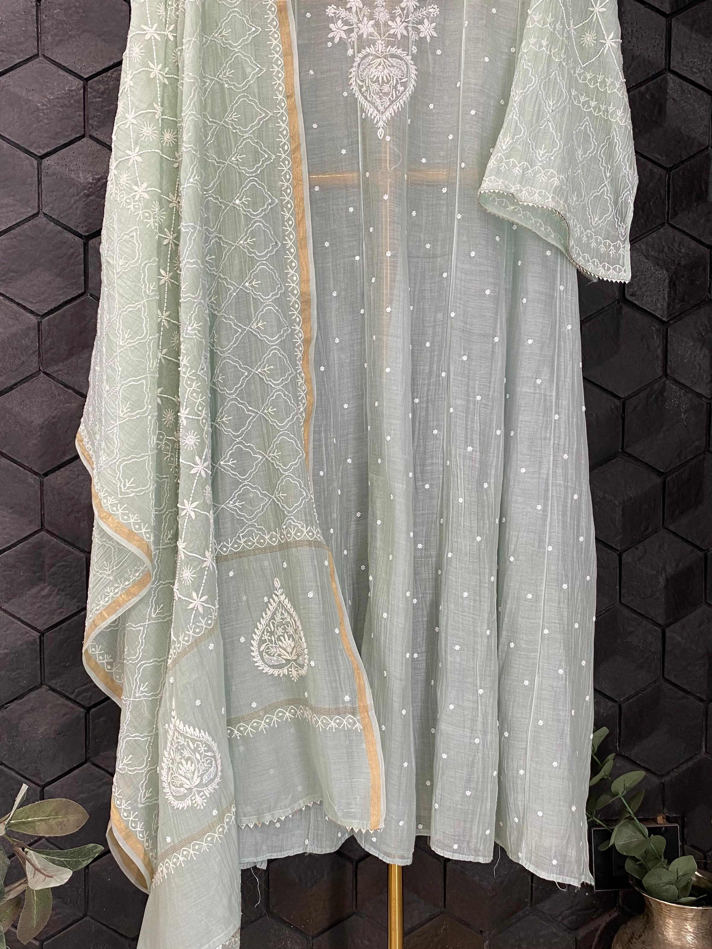 Green mul chanderi chikankari kurta set