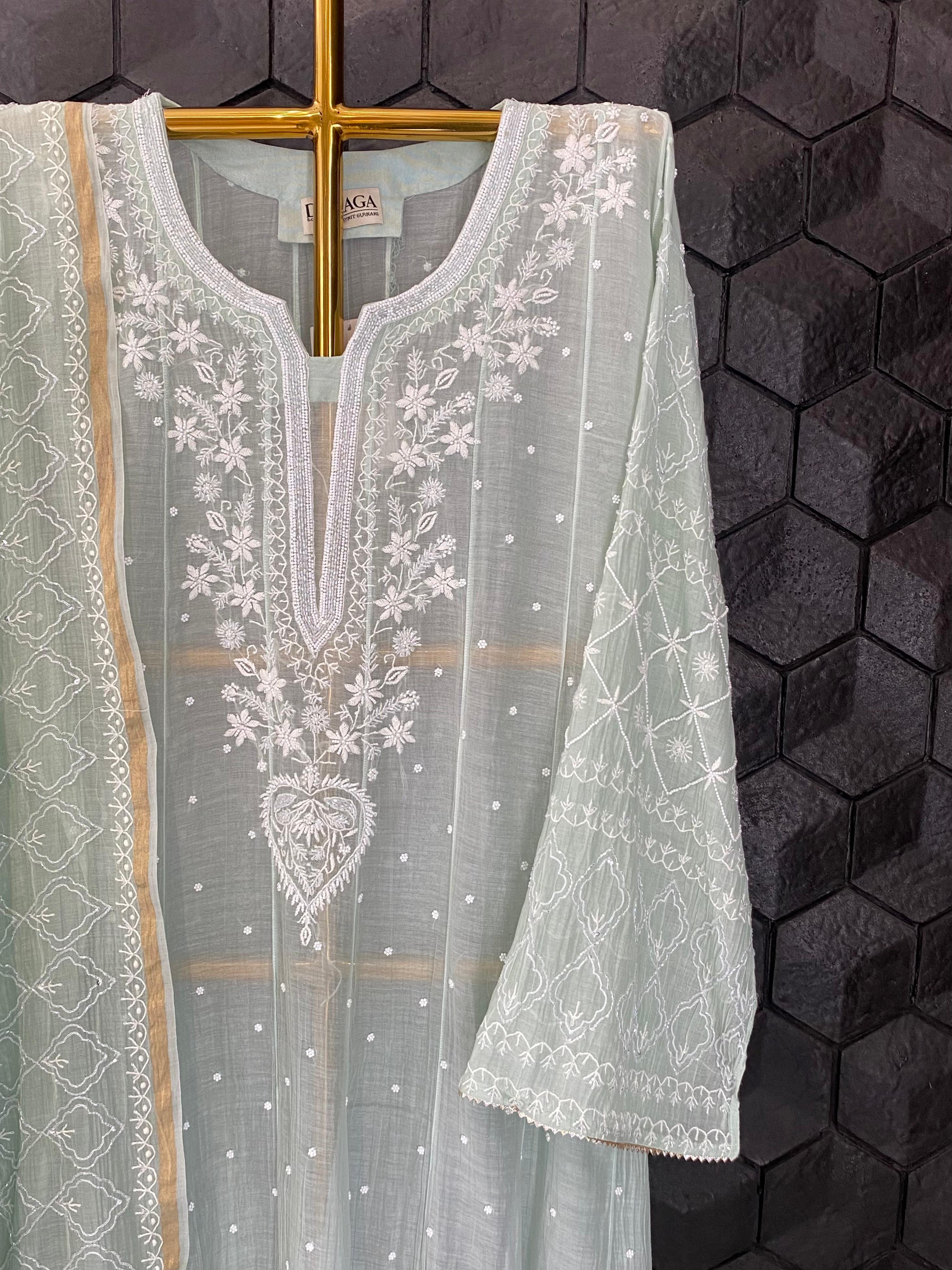 Green mul chanderi chikankari kurta set