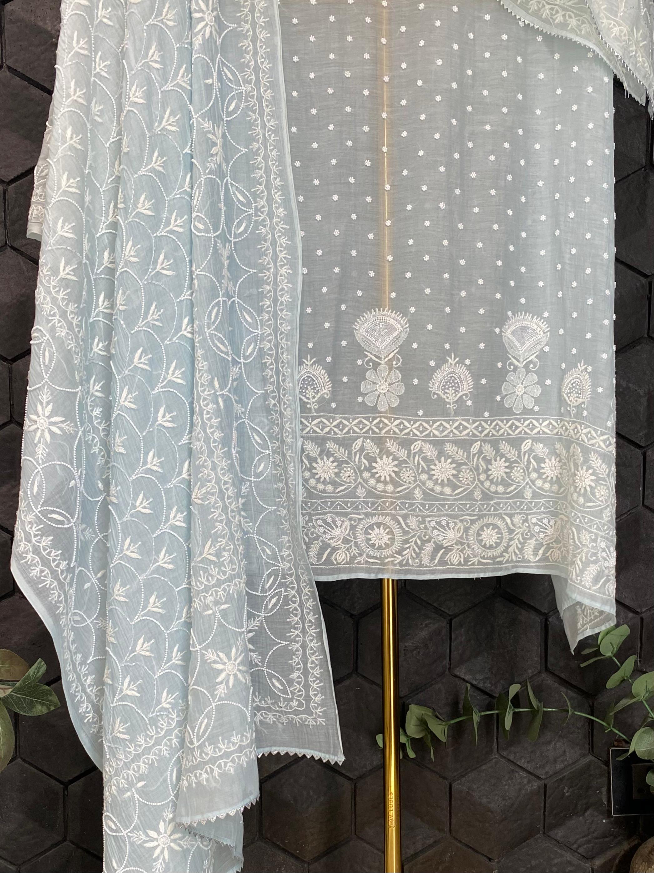 Sky Blue mul chanderi chikankari kurta set
