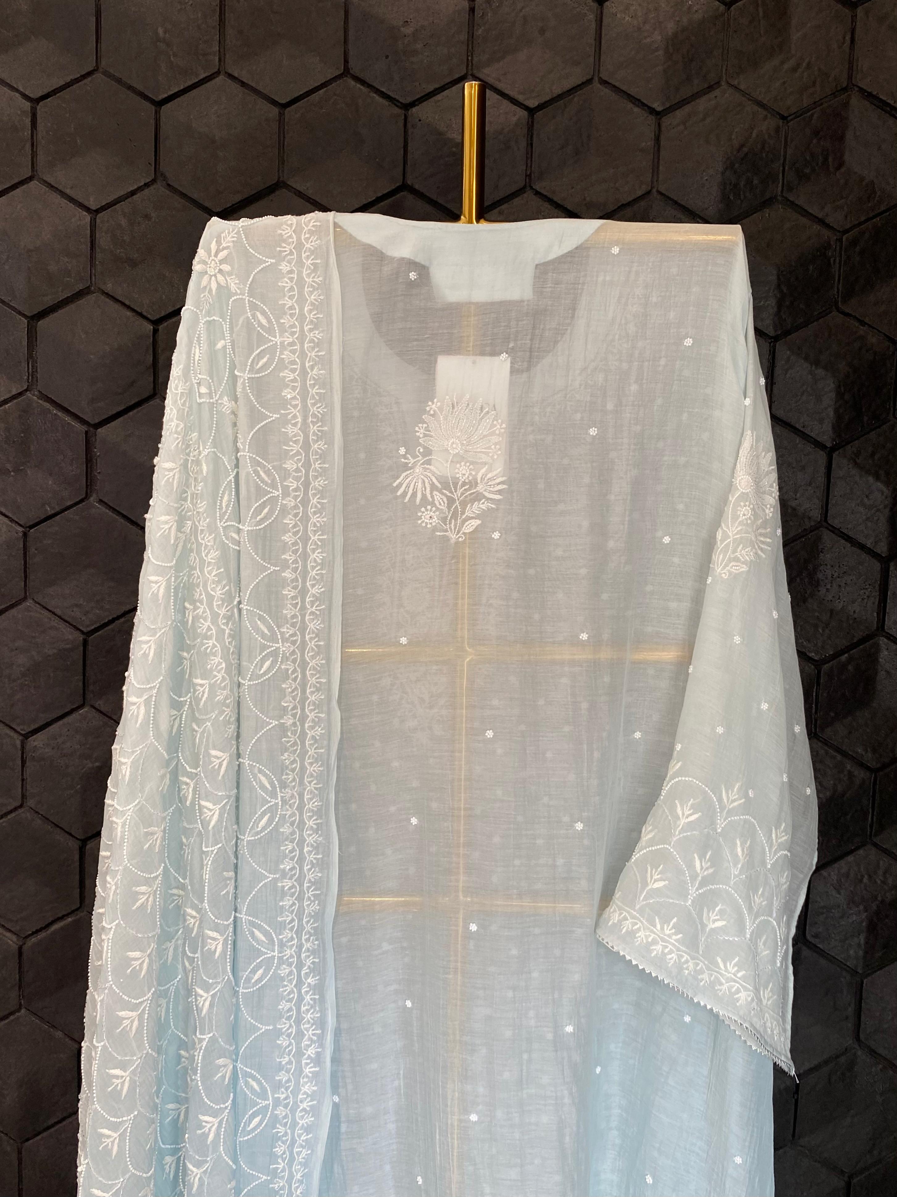 Sky Blue mul chanderi chikankari kurta set