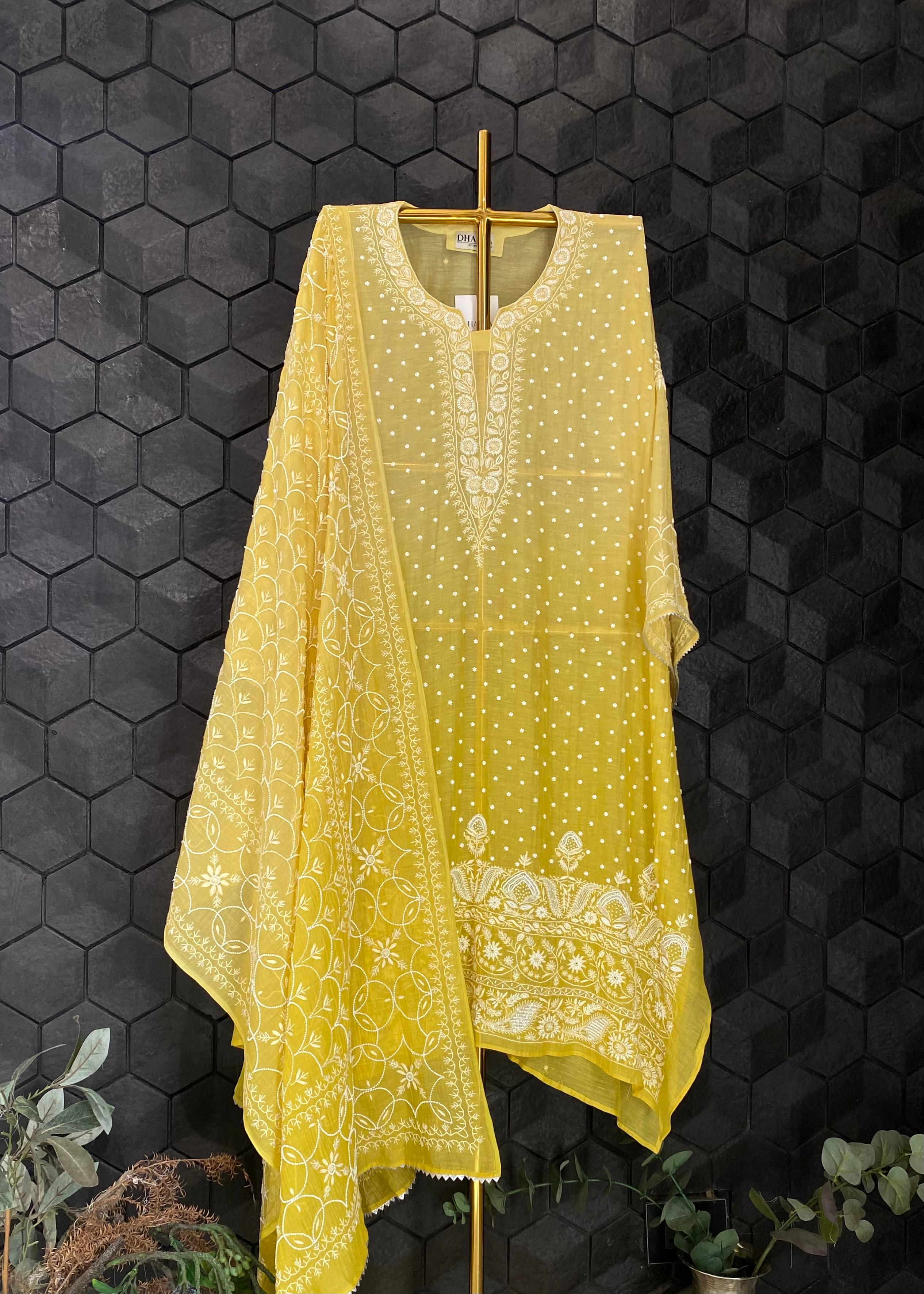Lime yellow mul chanderi chikankari kurta set