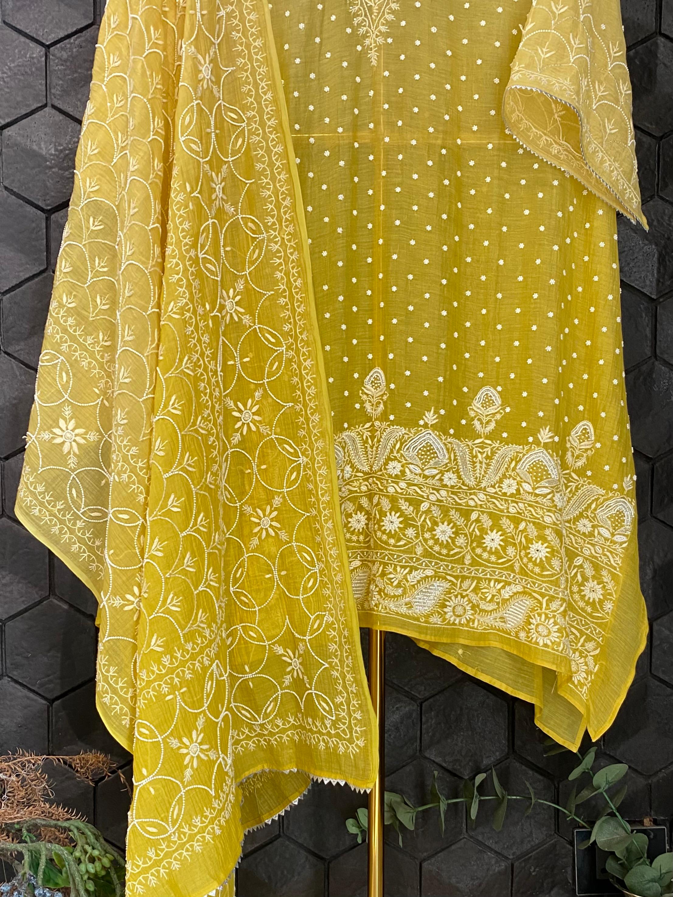 Lime yellow mul chanderi chikankari kurta set