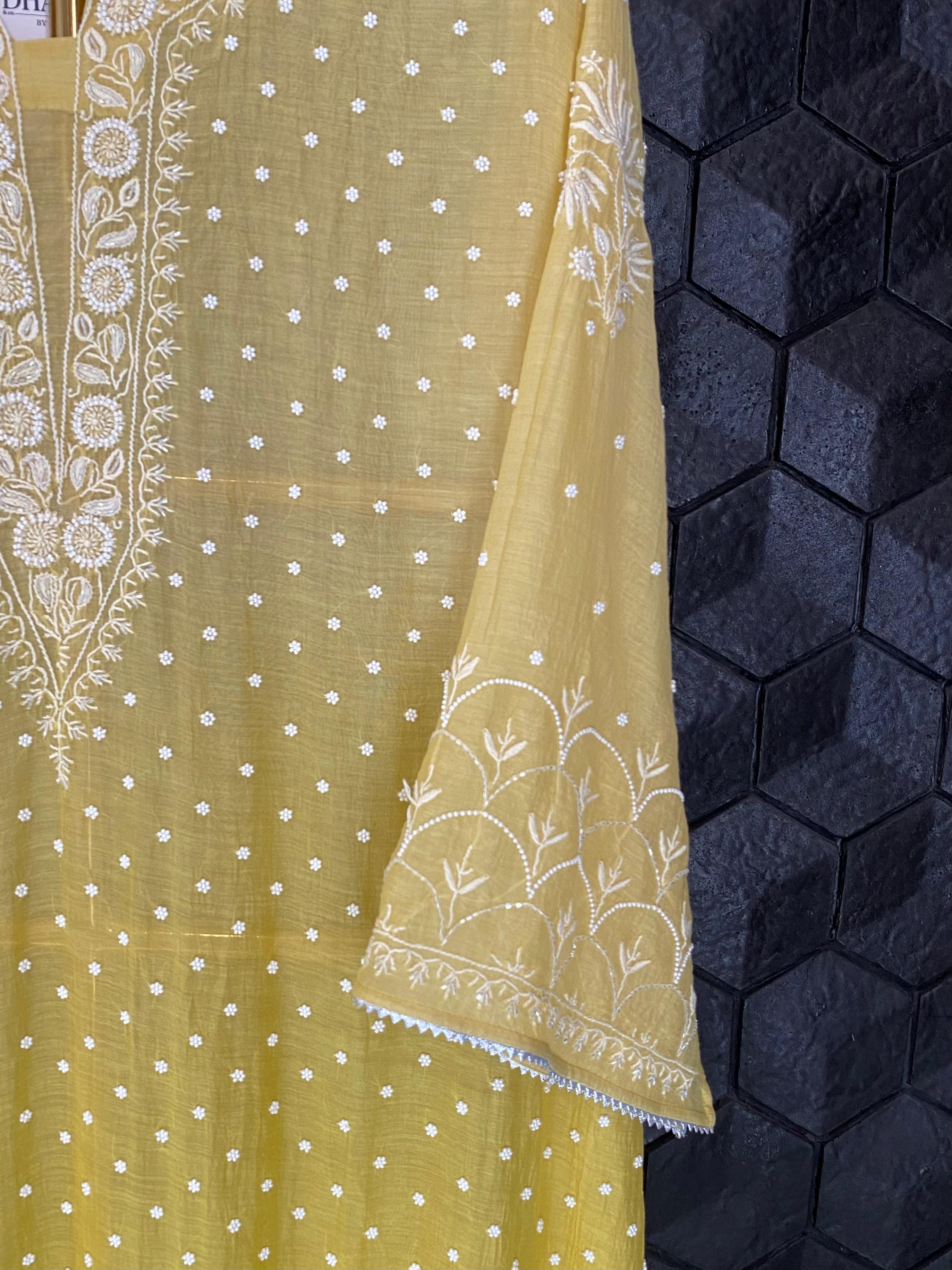 Lime yellow mul chanderi chikankari kurta set