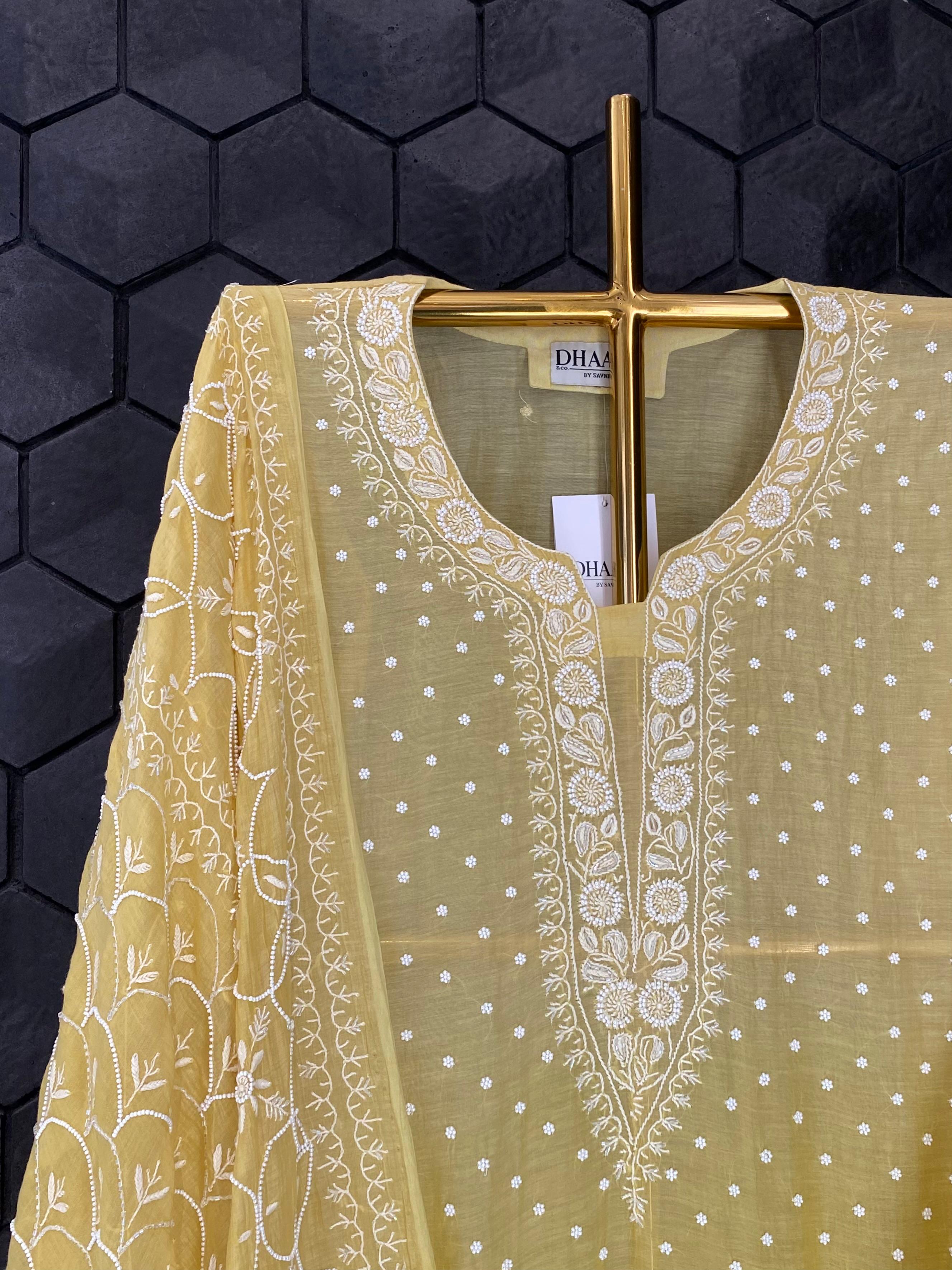 Lime yellow mul chanderi chikankari kurta set