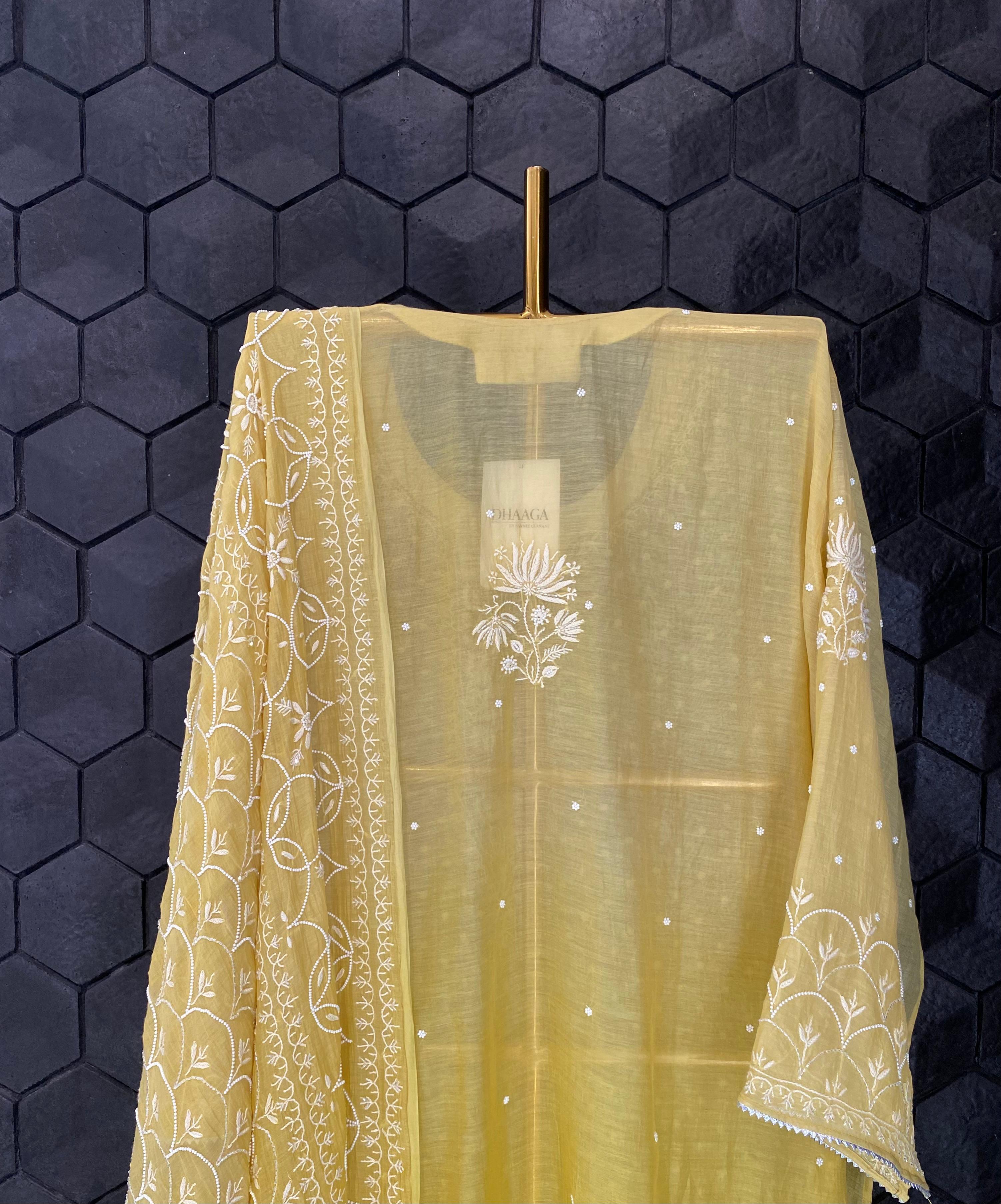 Lime yellow mul chanderi chikankari kurta set
