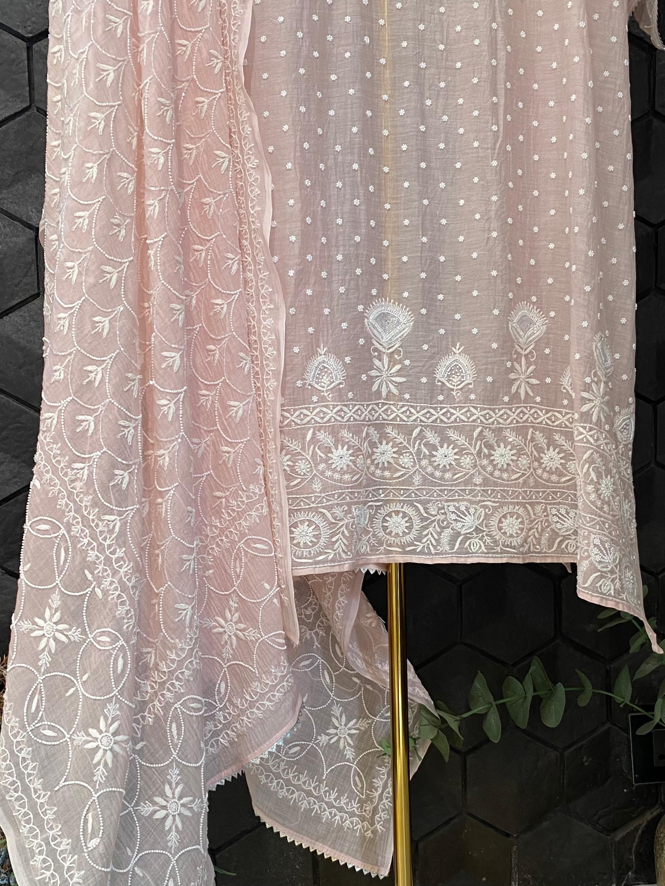 Pink mul chanderi chikankari kurta set