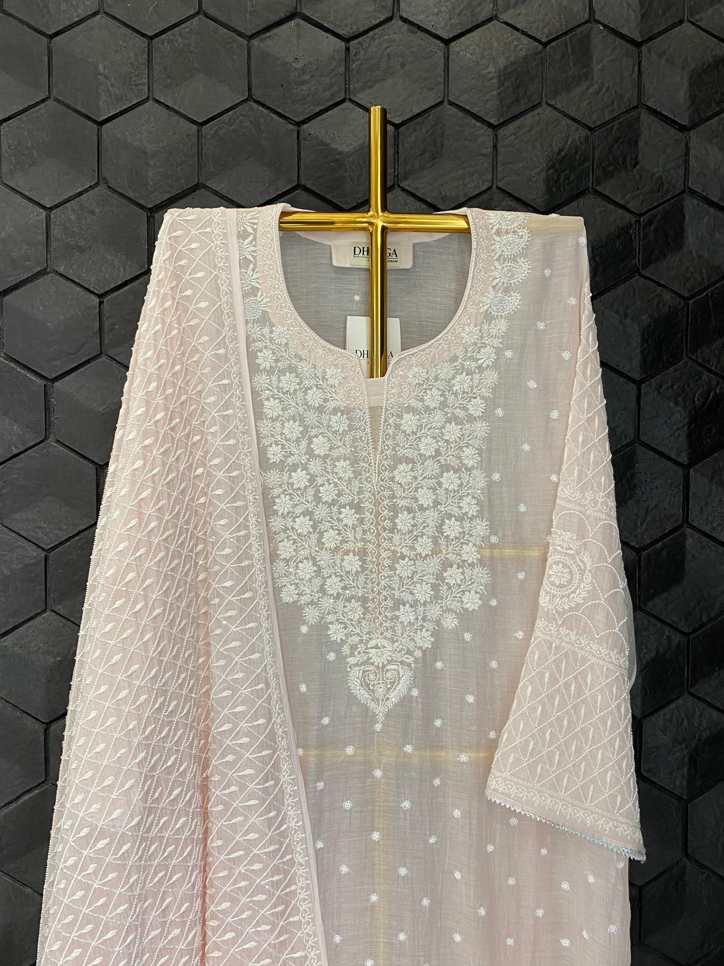 Pink mul chanderi chikankari kurta set