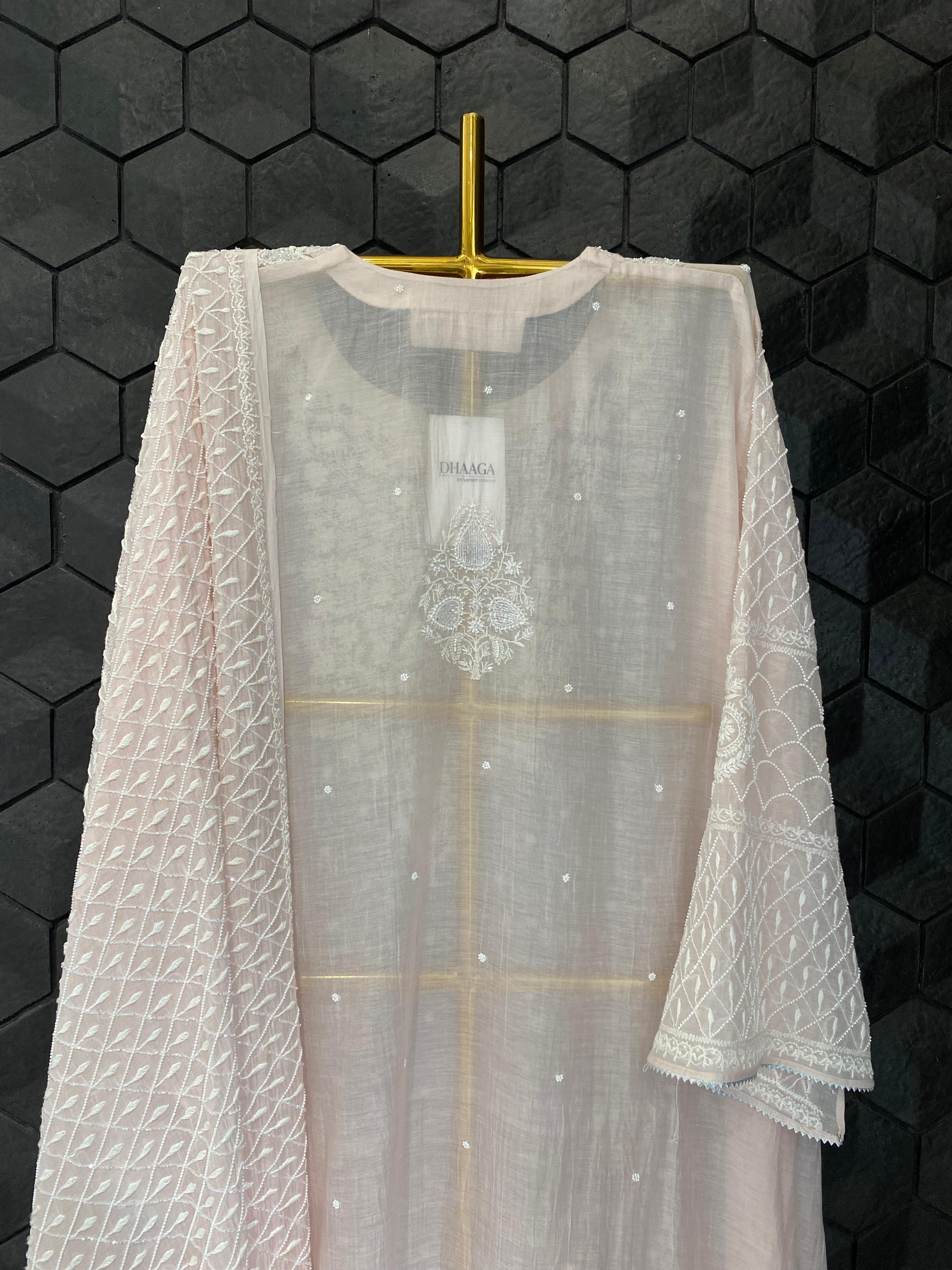Pink mul chanderi chikankari kurta set