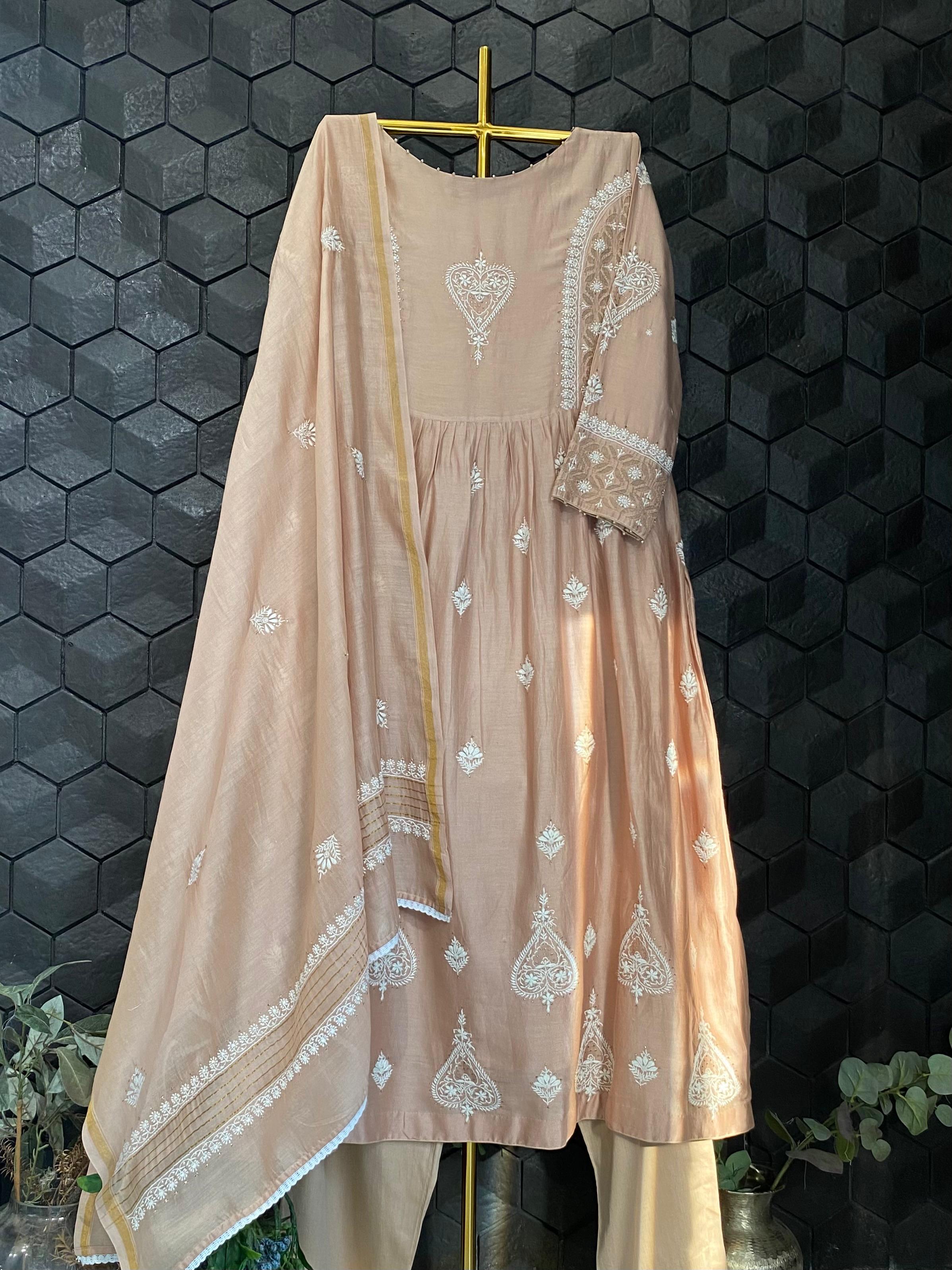 Brown chanderi chikankari anarkali set