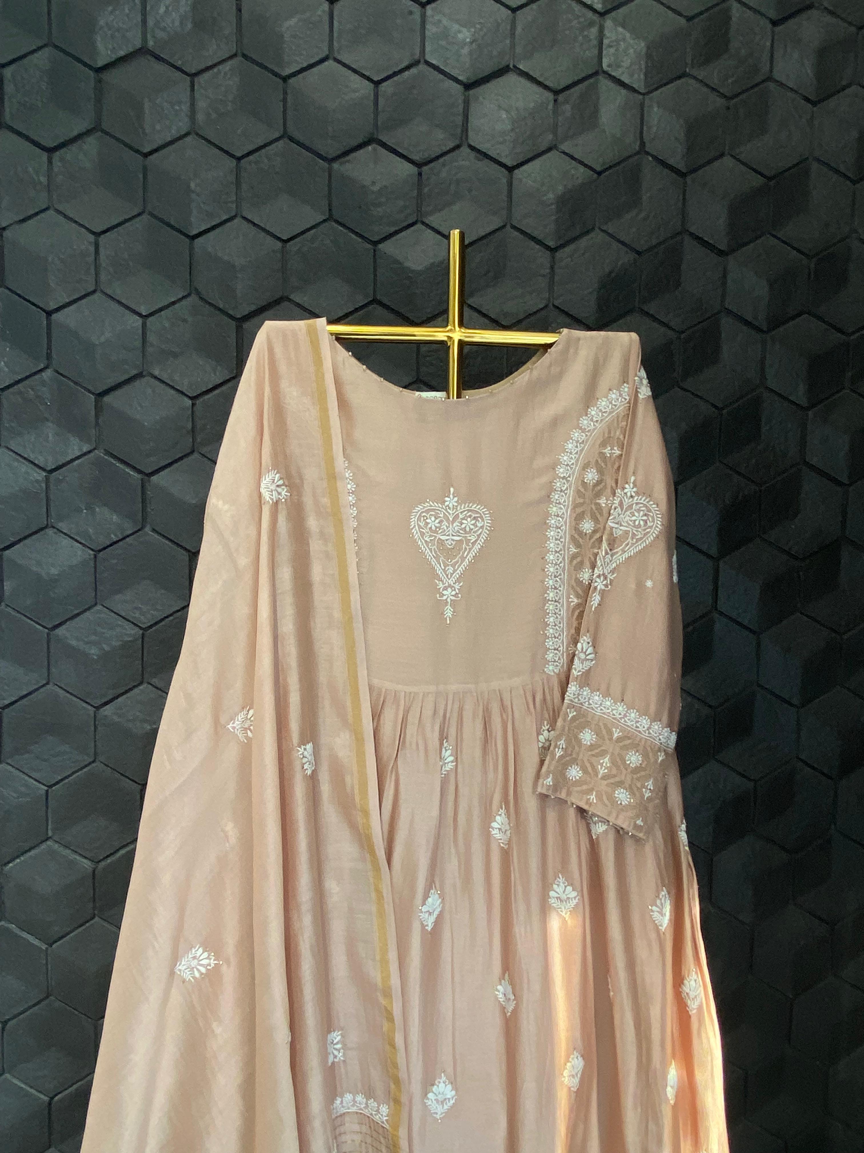 Brown chanderi chikankari anarkali set