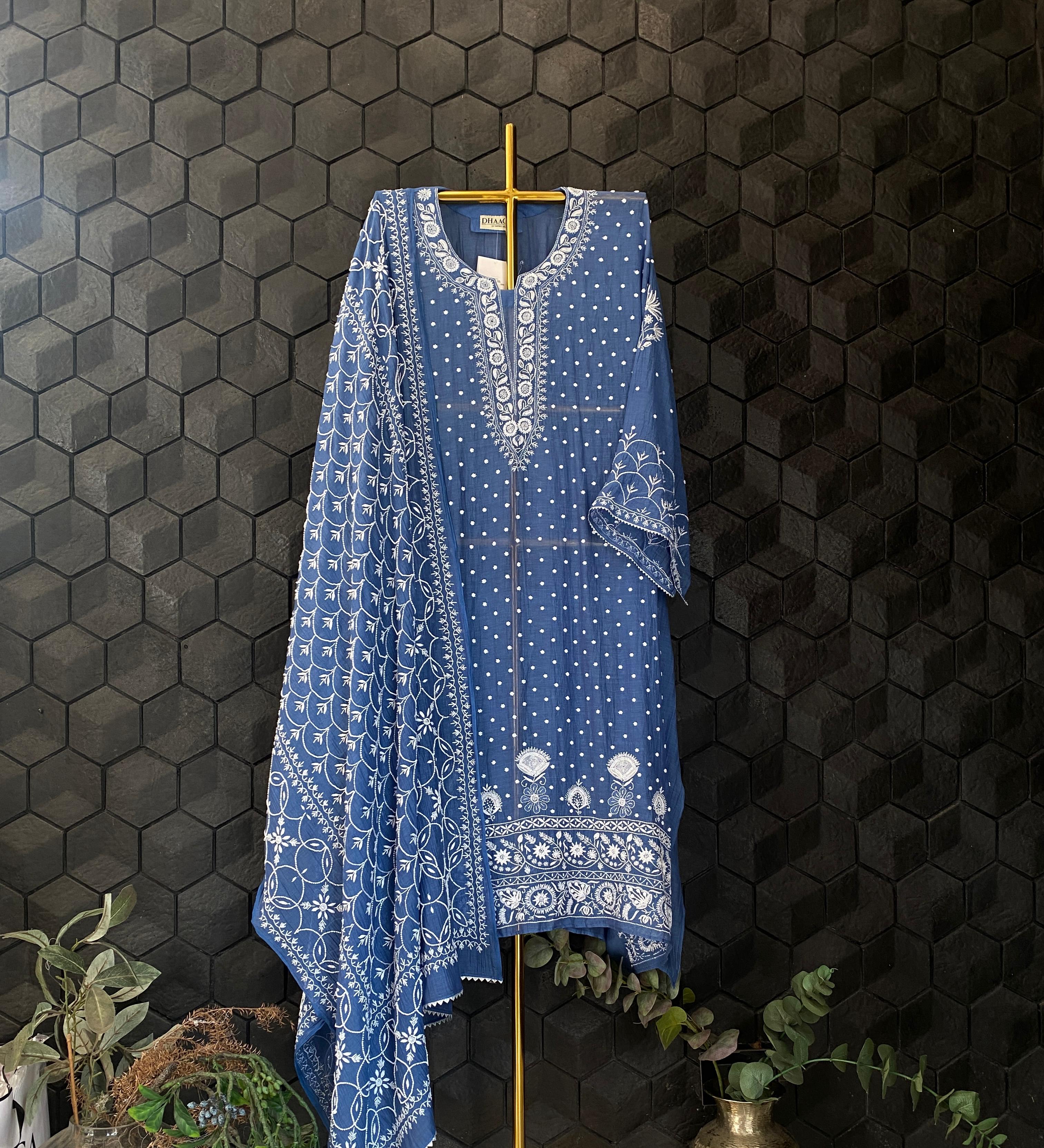 Coabalt Blue Mul Chanderi Chikankari kurta Set