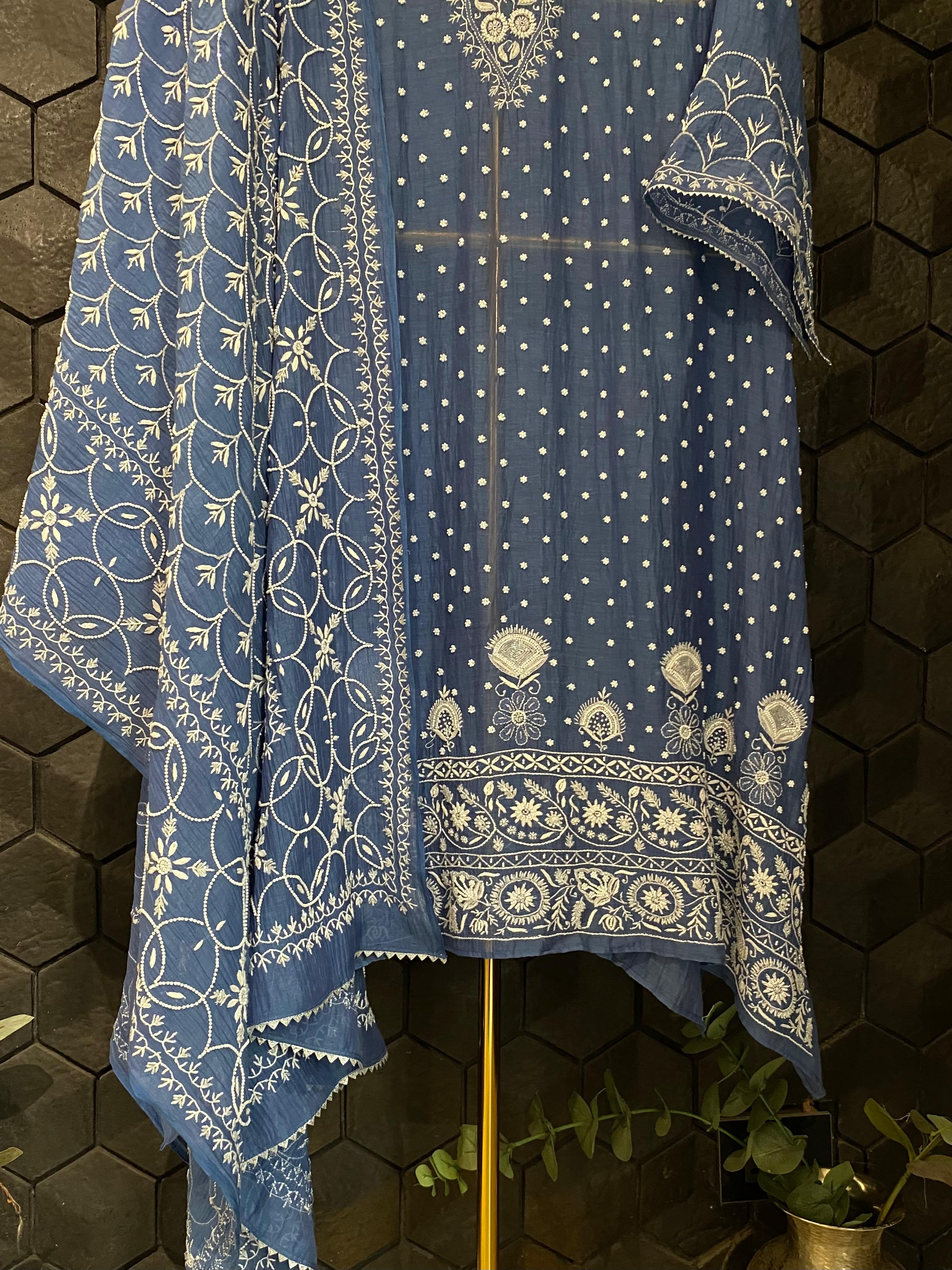 Coabalt Blue Mul Chanderi Chikankari kurta Set