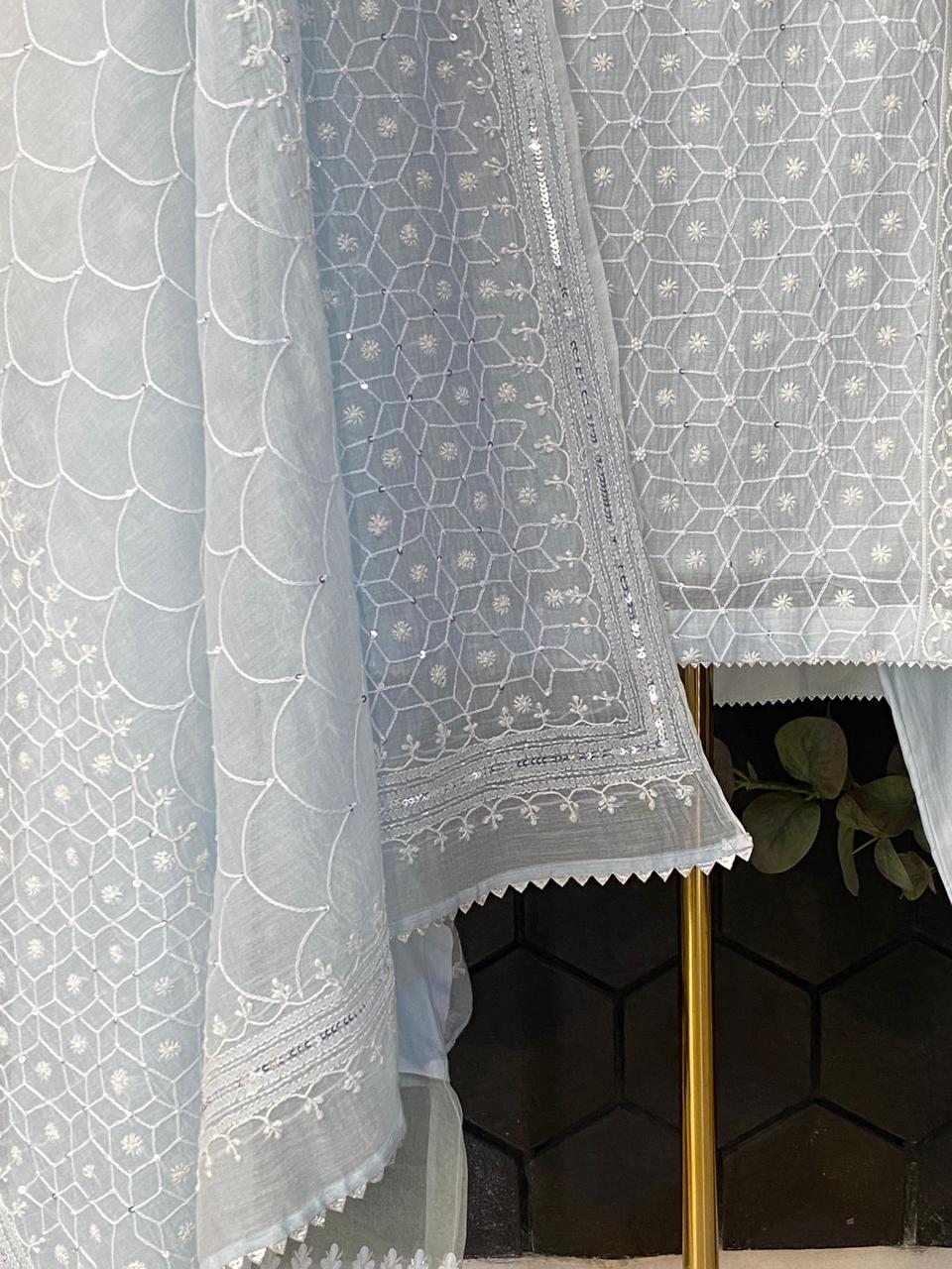 Sky blue mul chanderi chikankari kurta set