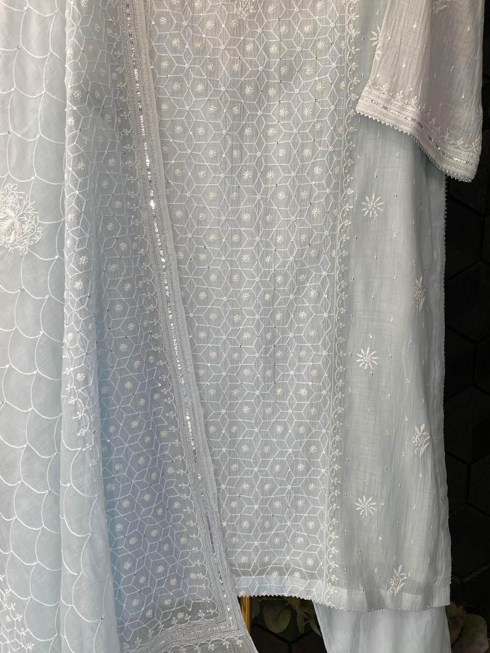 Sky blue mul chanderi chikankari kurta set