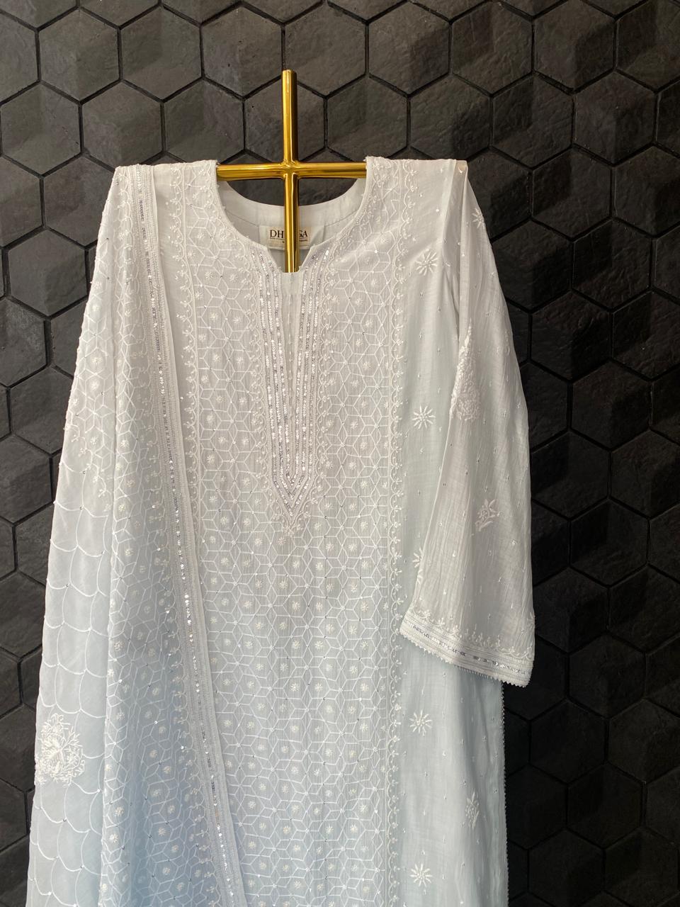 Sky blue mul chanderi chikankari kurta set